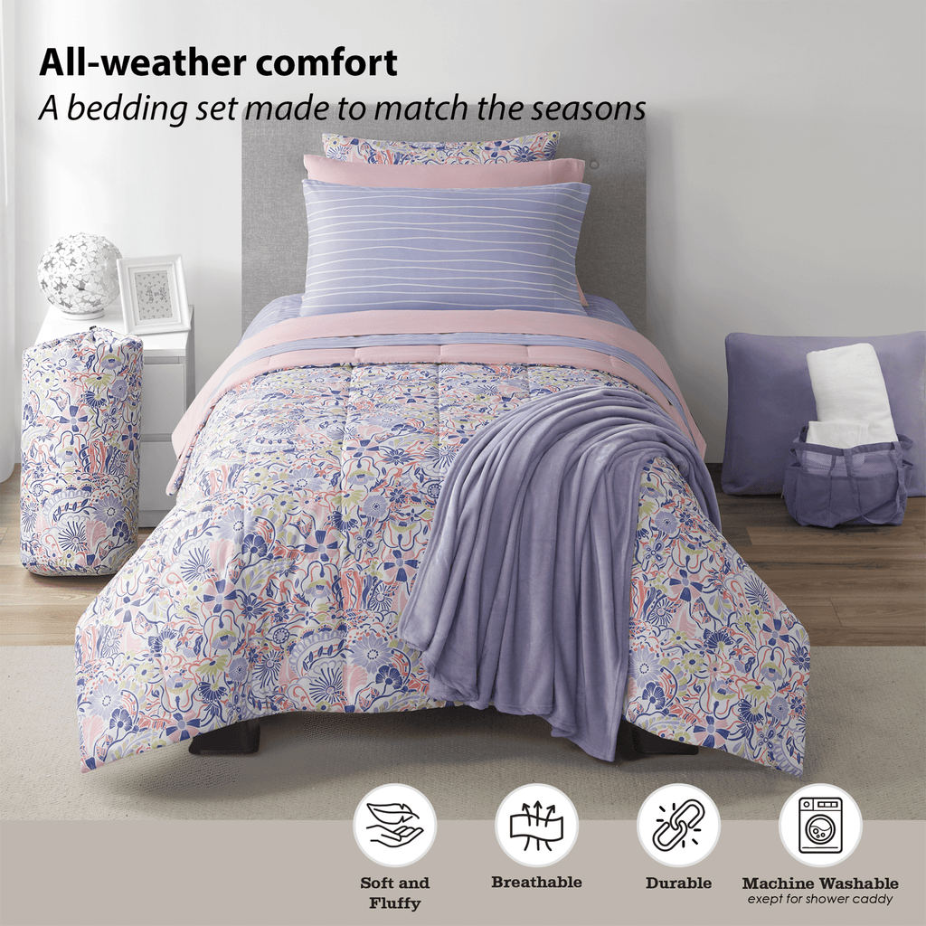 Hypoallergenic Cloud 14pc College Dorm Essentials Bundle, Twin-XL, Reversible Bed in a Bag Comforter Set, Purple Floral - Cloud-Like Soft Lightweight Bed Comforter Detail