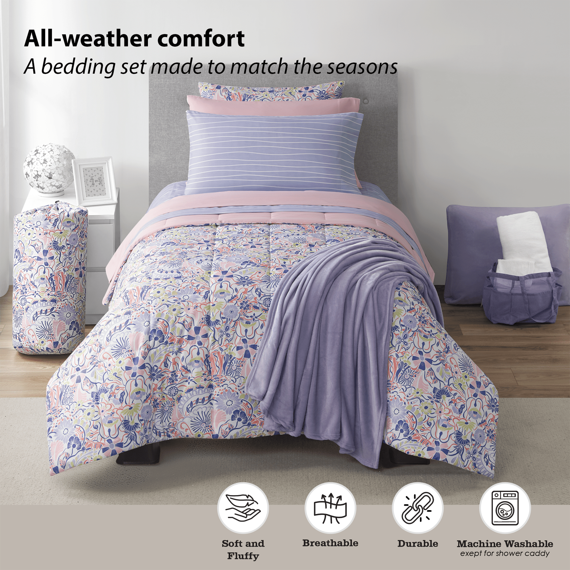 Hypoallergenic Cloud 14pc College Dorm Essentials Bundle, Twin-XL, Reversible Bed in a Bag Comforter Set, Purple Floral - Cloud-Like Soft Lightweight Bed Comforter Detail