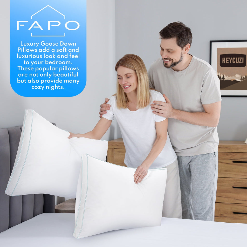 Ergonomic Memory Foam Goose Feather Down Pillows, Gusseted Bed Pillows Queen Size Set of 2, Luxury Hotel Collection Fluffy Pillows 100% Cot... - Orthopedic Shredded Foam Bed Pillow Set Detail