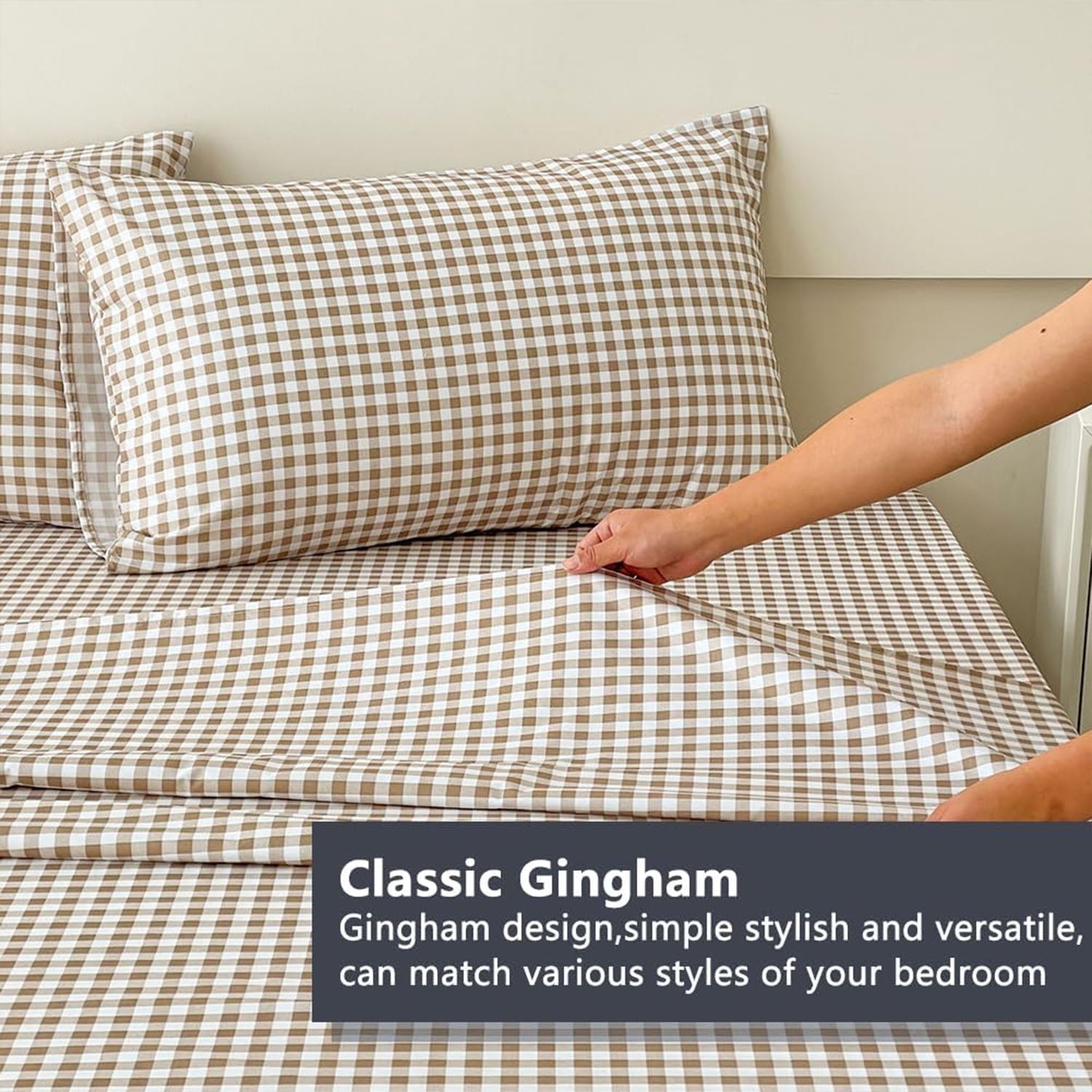 Premium Egyptian Cotton Sheet Set, Soft Brushed Microfiber Taupe Plaid Sheets, 4-Piece Brown Grid Set with Deep Pocket - Luxury Bed Sheet Set with Deep Pockets Detail