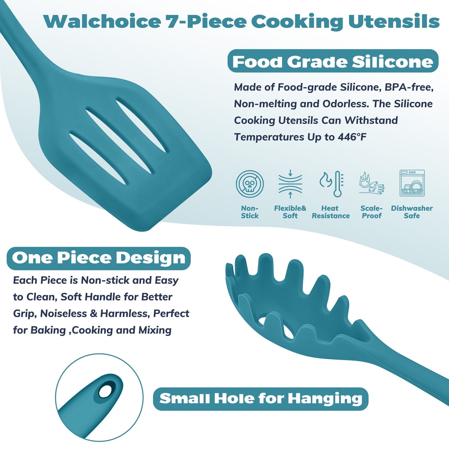 Premium Silicone 7-Piece Silicone Cooking Utensils Set, Blue Kitchen Utensils, Non-stick Gadgets Tools Include Slotted Turner, Soup La... - Ergonomic Kitchen Tongs and Cooking Spoon Utensil Detail