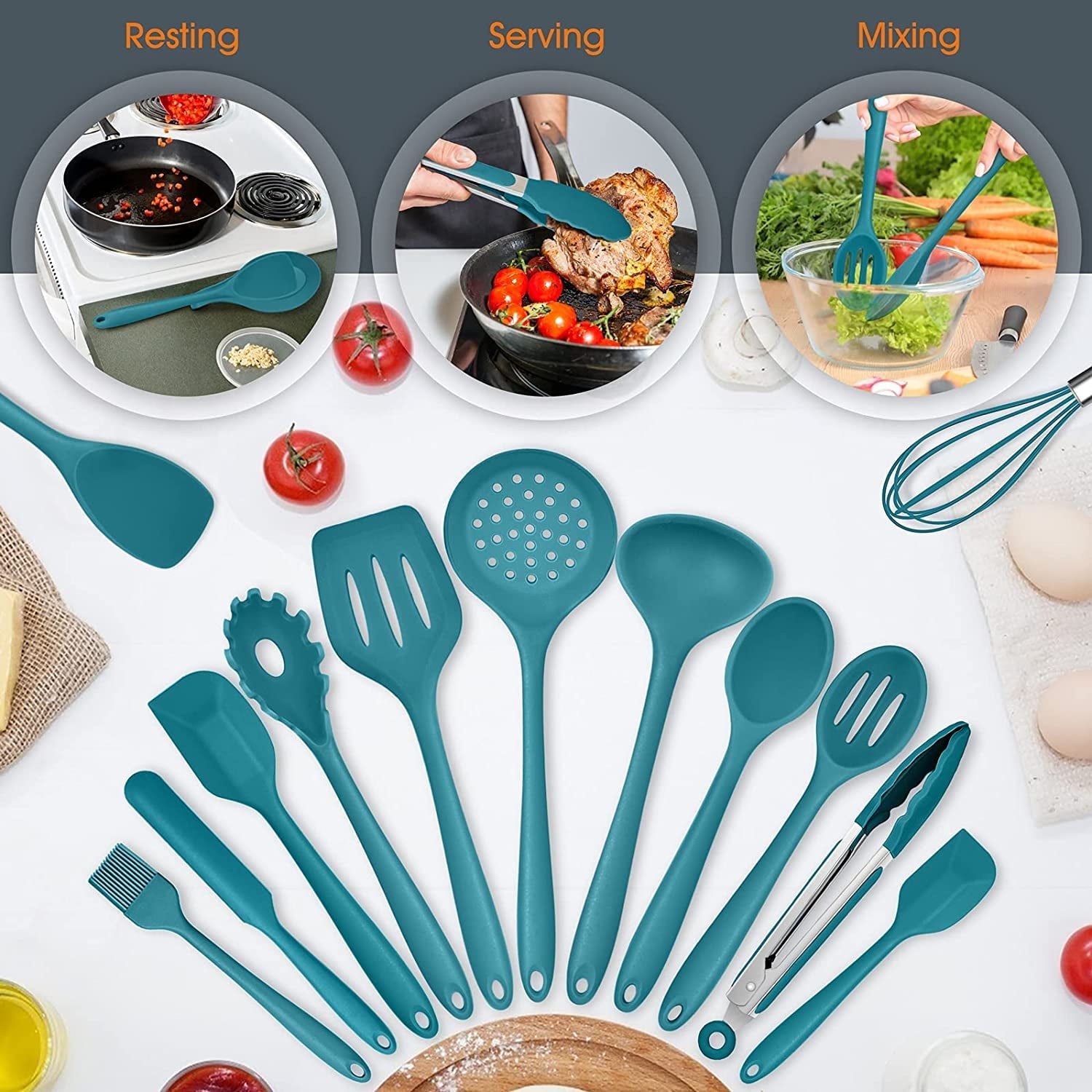 Ergonomic Cooking 15-Piece Kitchen Utensils Set, Silicone Cooking Utensils with Holder, Non-stick Cookware Friendly & Heat Resistant - ... - Ergonomic Kitchen Tongs and Cooking Spoon Utensil Detail