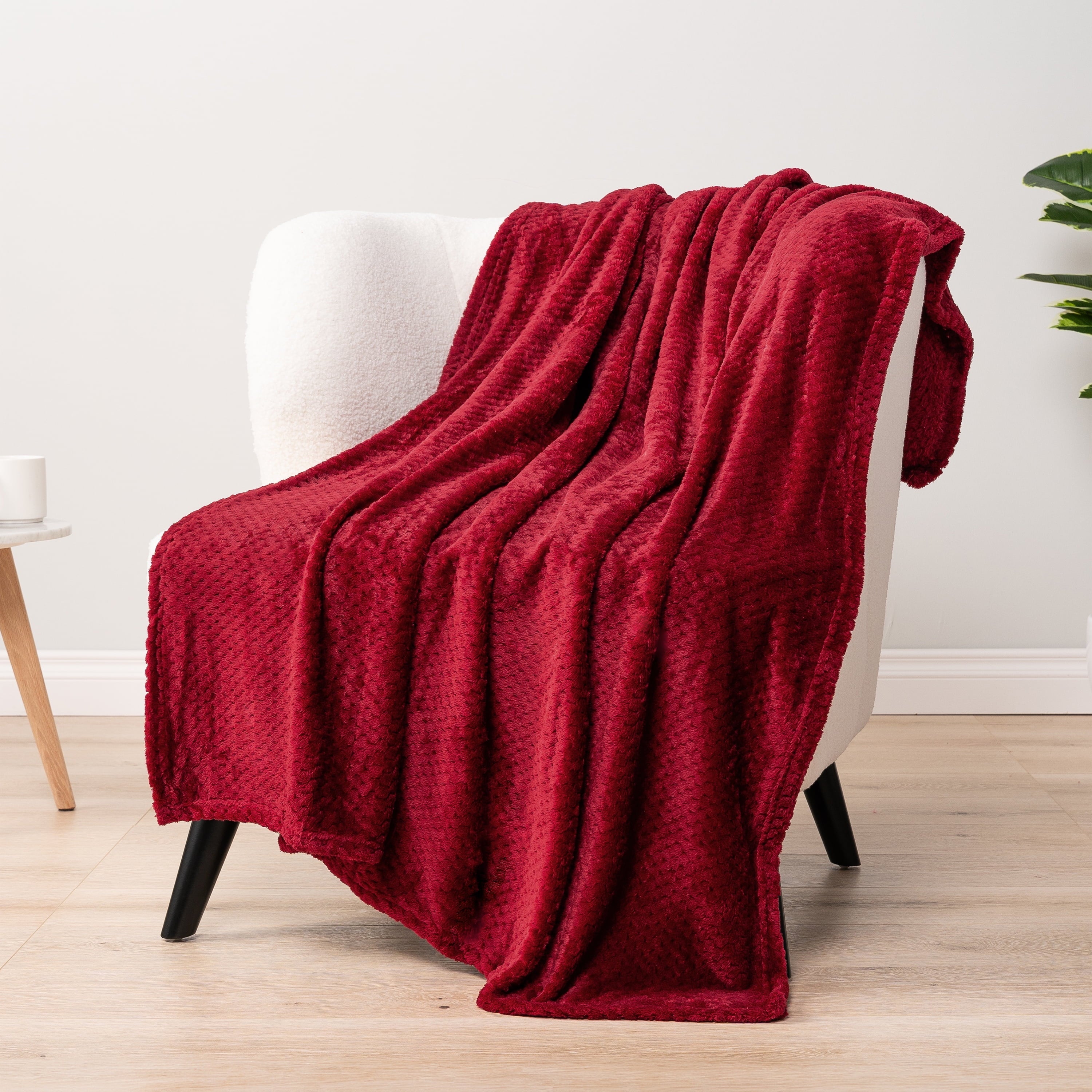 Super Soft Flannel Maroon Red Throw Blanket for Couch, Twin Bed, Soft Fleece Throws for Sofa Chair, Fuzzy Waffle Textured Blanket, Cozy ... - Cozy Fleece Throw Blanket for Couch & Bed Detail