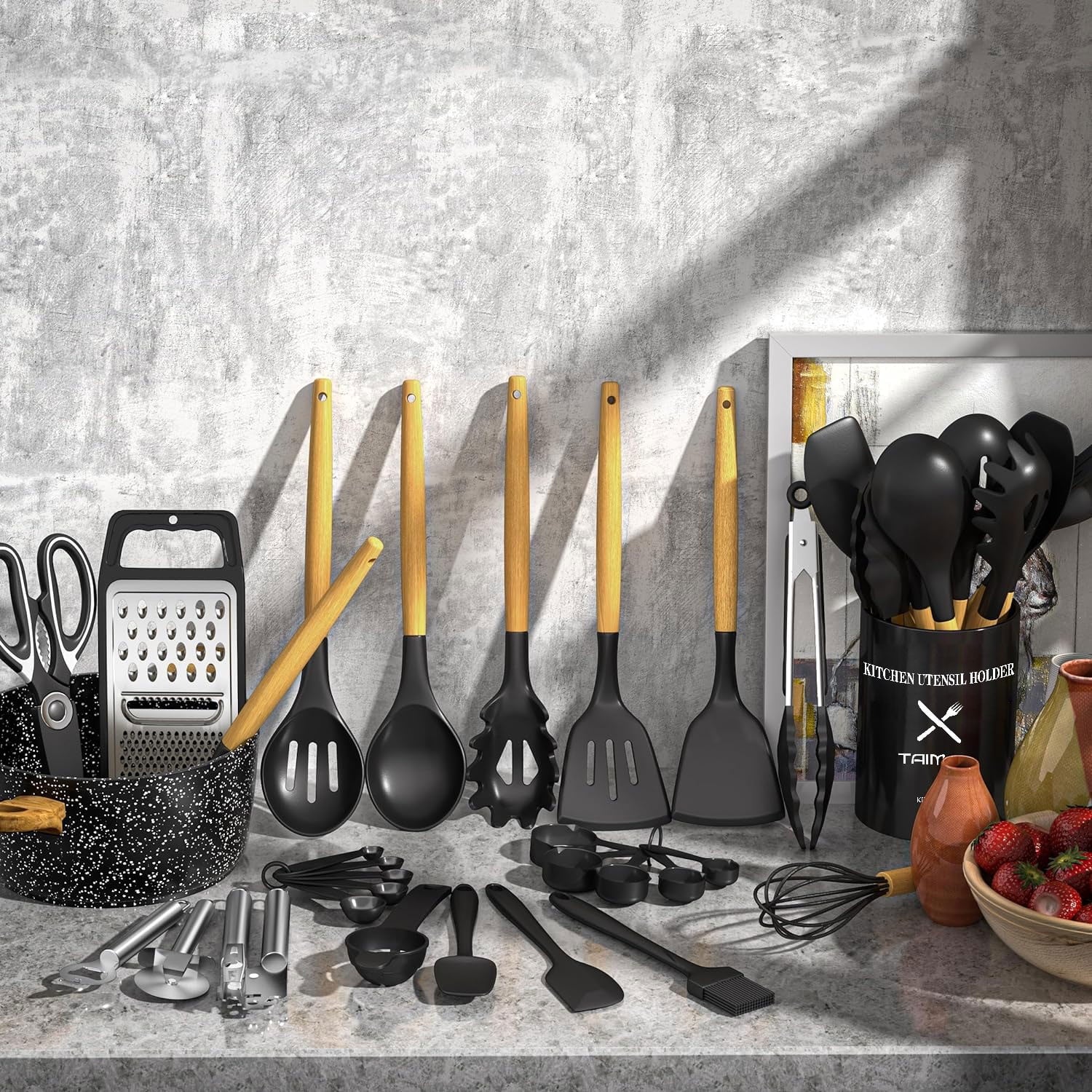 Non-Stick Safe Kitchen Utensil Set, 34Pieces Silicone Cooking Utensil Set with Wooden Handle, Heat Resistant Spatula Set Gadg... - Ergonomic Kitchen Tongs and Cooking Spoon Utensil Detail