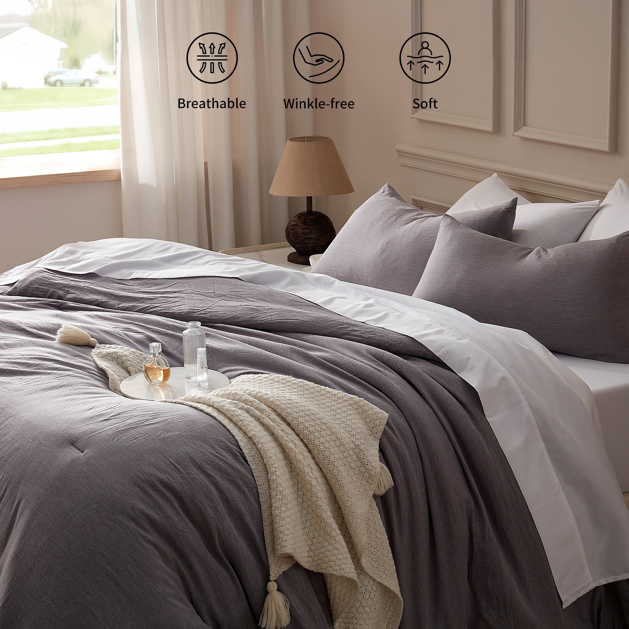 Luxurious Quilted Washed Comforter Set Full Size - 3 Pieces Soft Luxury Cationic Dyeing Bedding Sets, Linen-Like Texture Breathable Wri... - Hypoallergenic Ultra-Fluffy Quilt for Winter Detail