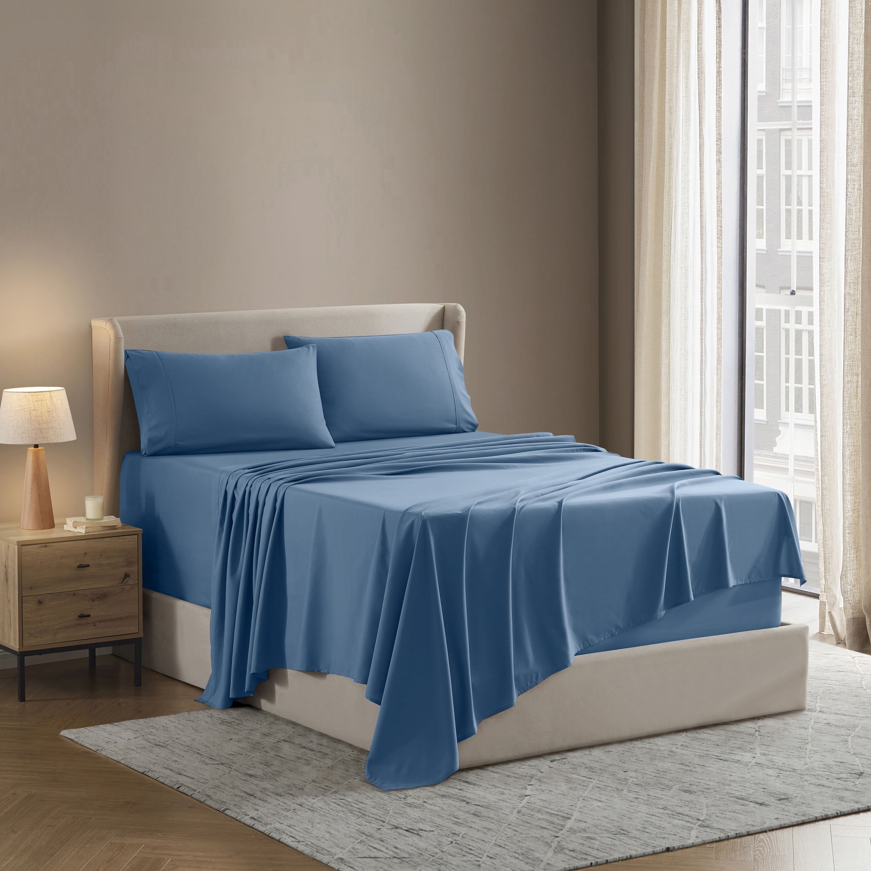 Wrinkle-Resistant Split King Sheet Sets, Deep Pocket 5 Piece, Luxury Soft Microfiber Bed Sheet Sets, BLUE HEAVEN - Breathable Egyptian Cotton Flat & Fitted Sheets Detail