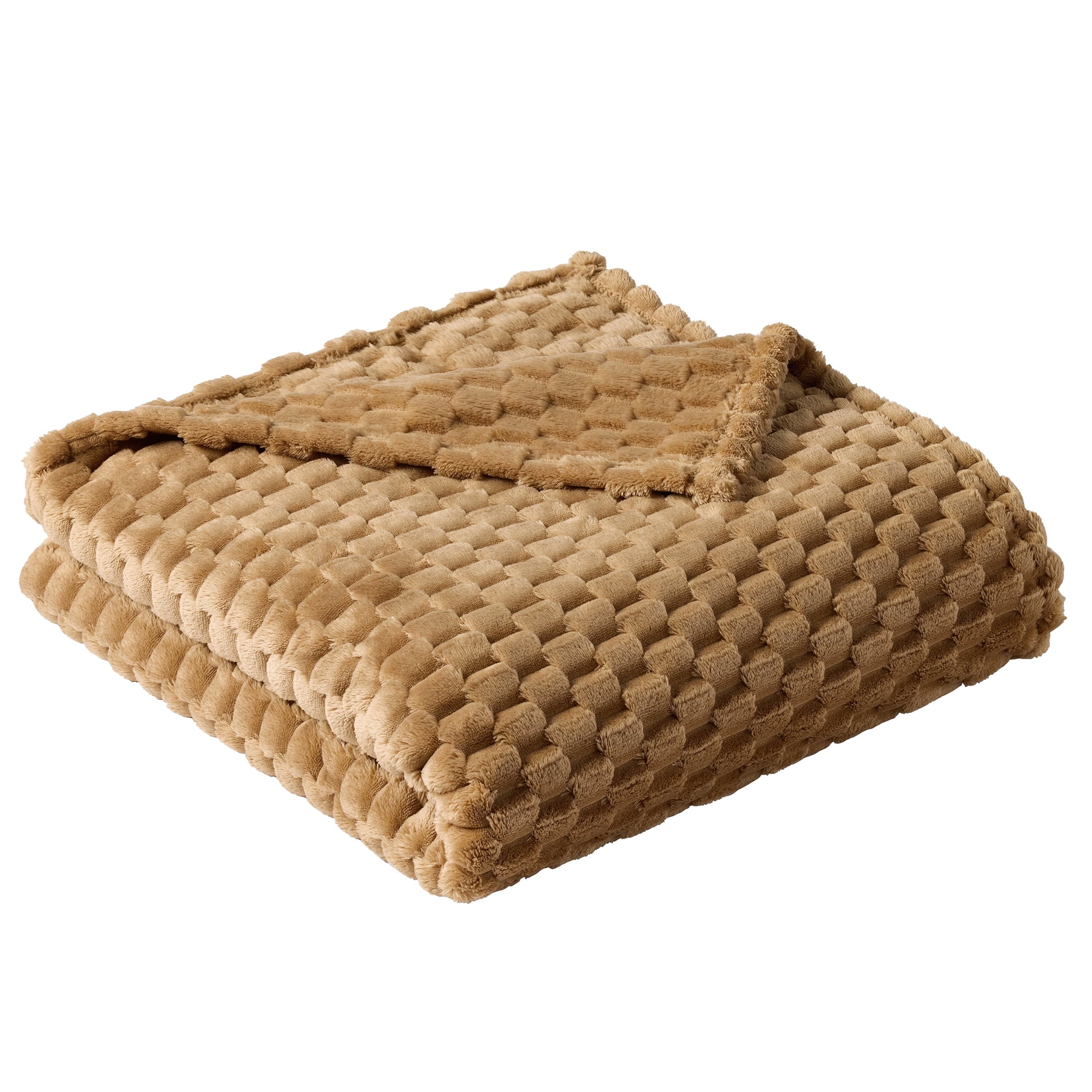 Lightweight Warm Textured Velvet Plush Oversized Throw Blanket in Dark Caramel - Luxury Knitted Decorative Throw Blanket with Fringes Detail