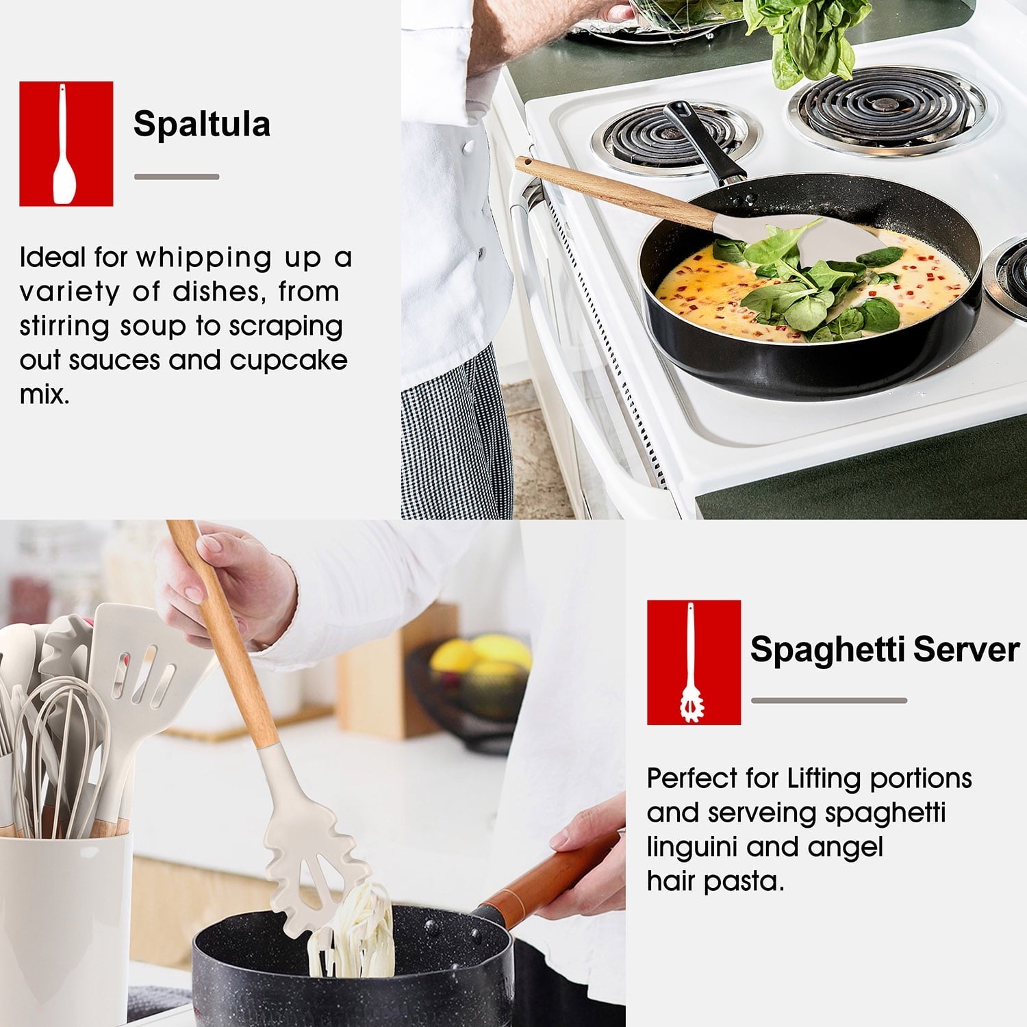 Ergonomic Cooking Kitchen Utensils Set of 6, Silicone Cooking Utensils with Wooden Handle, Non-Stick Cookware & Heat Resistant, Include... - Heat-Resistant Silicone Cooking Spatula Turner Detail