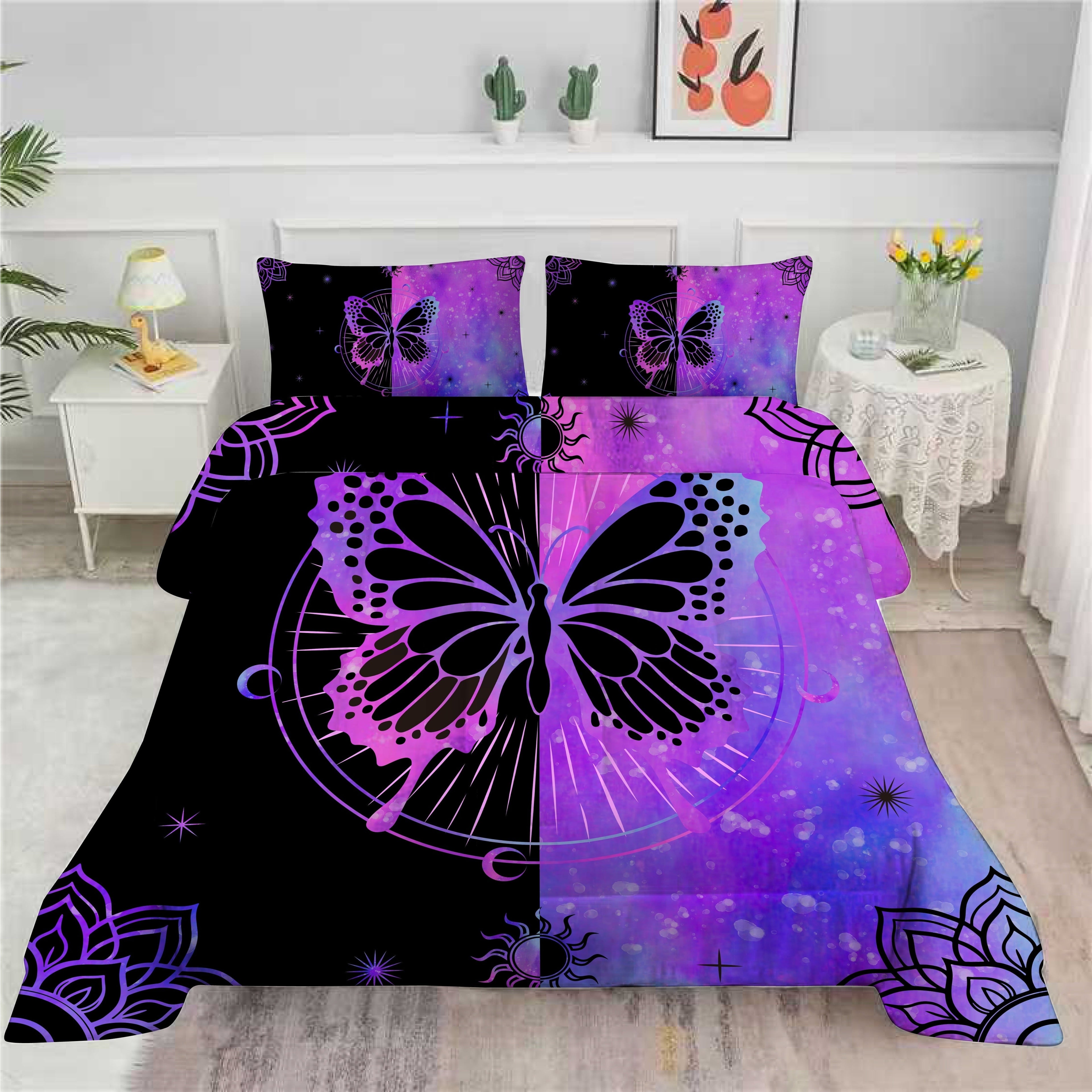 Heavyweight Warmth Butterfly Comforter Set Full Size for Girls Kids Teens Black Blue Purple Tie Dye Bedding Set 3 Pieces - Hypoallergenic Ultra-Fluffy Quilt for Winter Detail