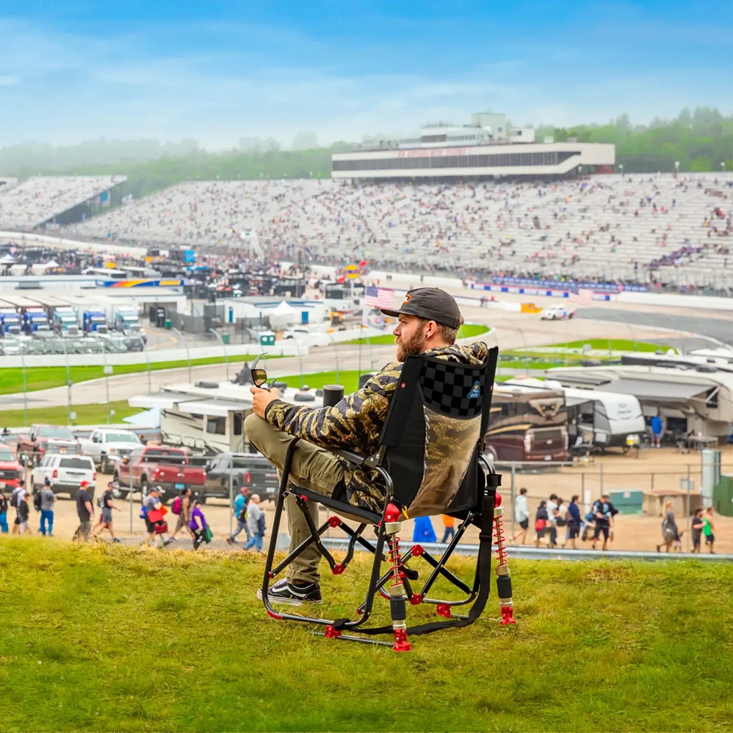 Luxury Camp Adjustable Rocker - NASCAR - Choice 899 - Patented Spring-Action Rocking Chair for Camping Detail
