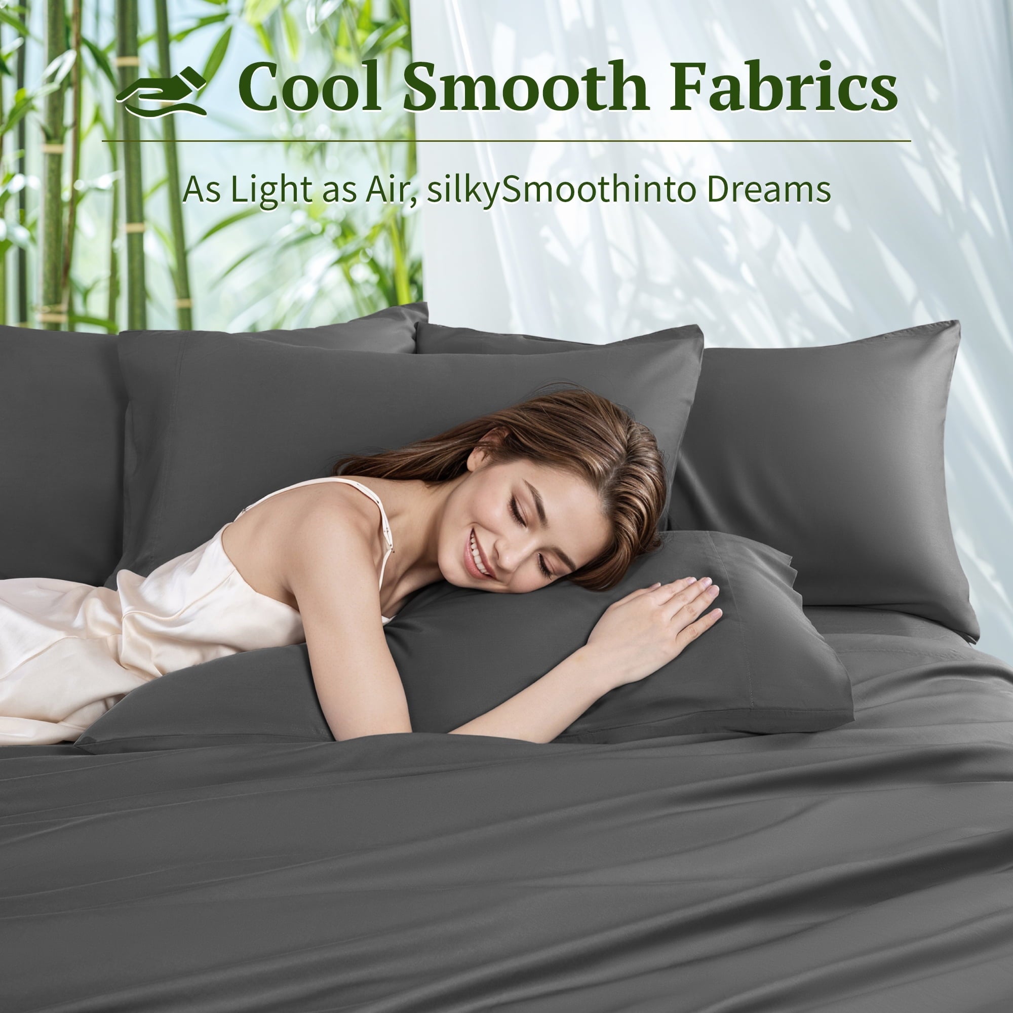 Premium Egyptian Cotton 6 Pieces Bamboo Bed Sheets Set, Luxury Rayon Derived - Deep Pockets - Wrinkle Free - Extremely Soft, Queen, Dark Gray - Premium Ultra-Soft Pillowcase Pair for Sleeping Detail