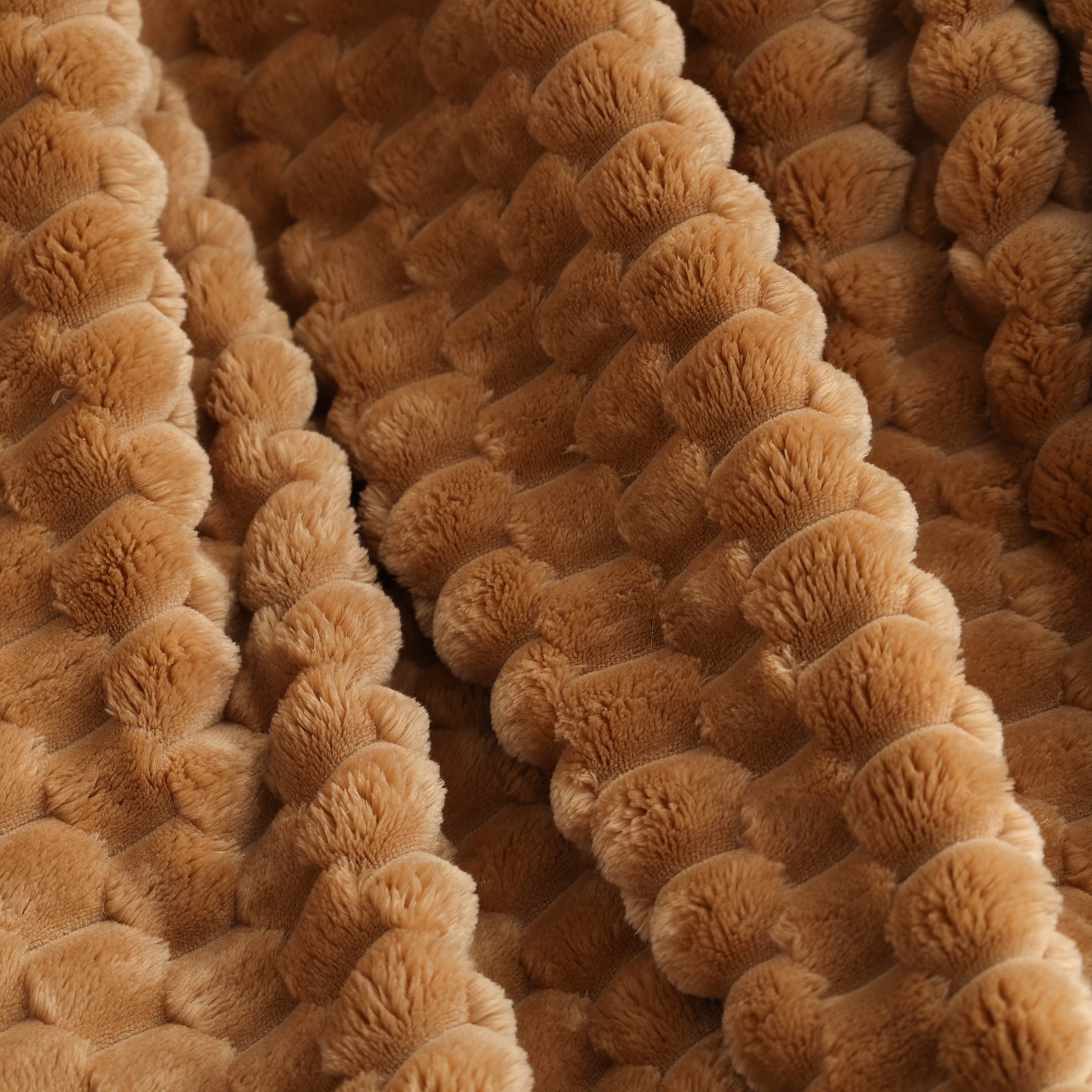 Lightweight Warm Textured Velvet Plush Oversized Throw Blanket in Dark Caramel - Luxury Knitted Decorative Throw Blanket with Fringes Detail