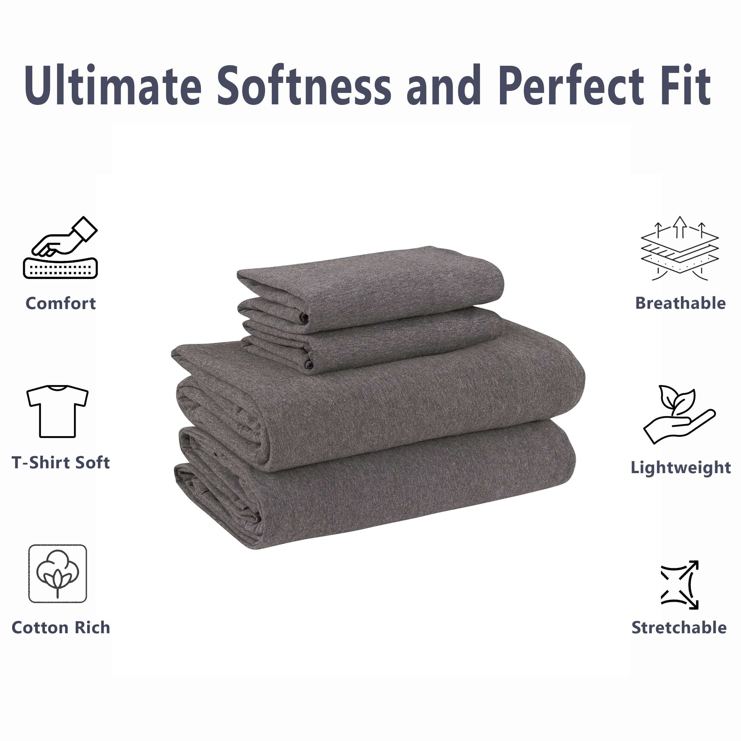 Ultra-Soft Cotton Rich Extra Soft Jersey Bed Sheet Set, Queen, Charcoal, 4 Pieces - Premium Ultra-Soft Pillowcase Pair for Sleeping Detail