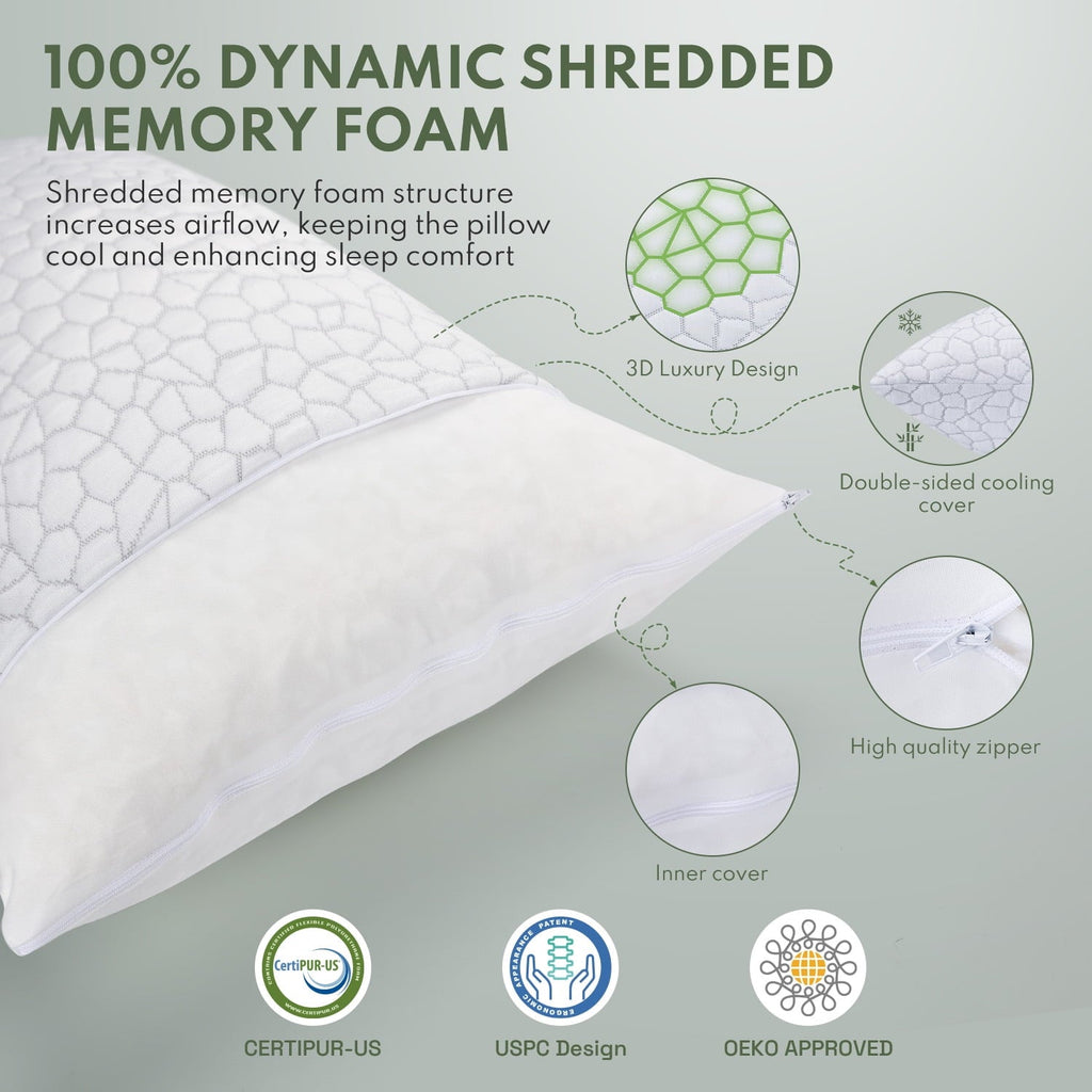 Fluffy Shredded Cooling Memory Foam Queen Pillows for bed 2 Pack,Adjustable Support & Heat Dissipation Tech for Side,Back,Stomach & H... - Orthopedic Shredded Foam Bed Pillow Set Detail