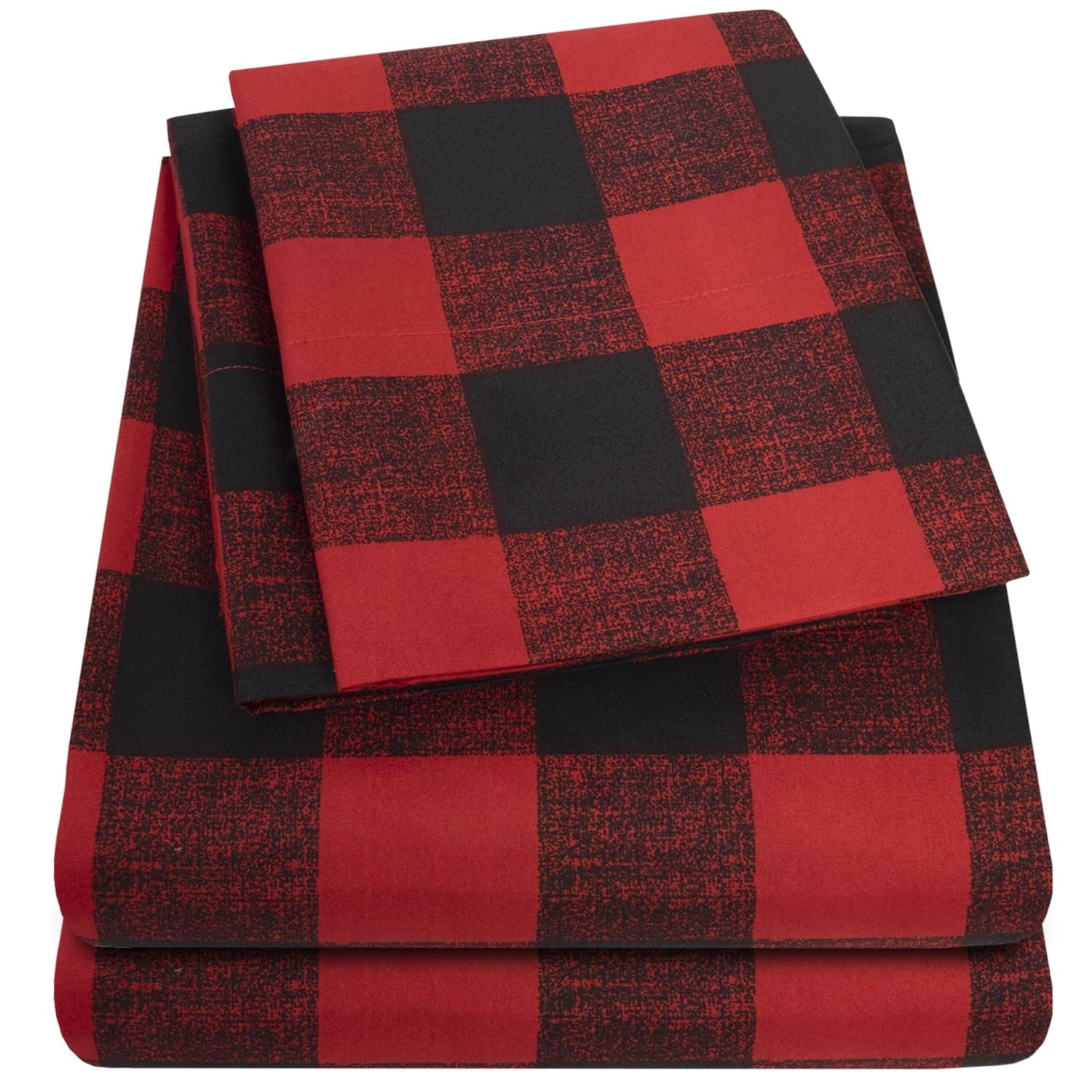 Wrinkle-Resistant Buffalo Plaid Black and Red 4 Piece Bed Sheet Set - Twin - Premium Ultra-Soft Pillowcase Pair for Sleeping Detail