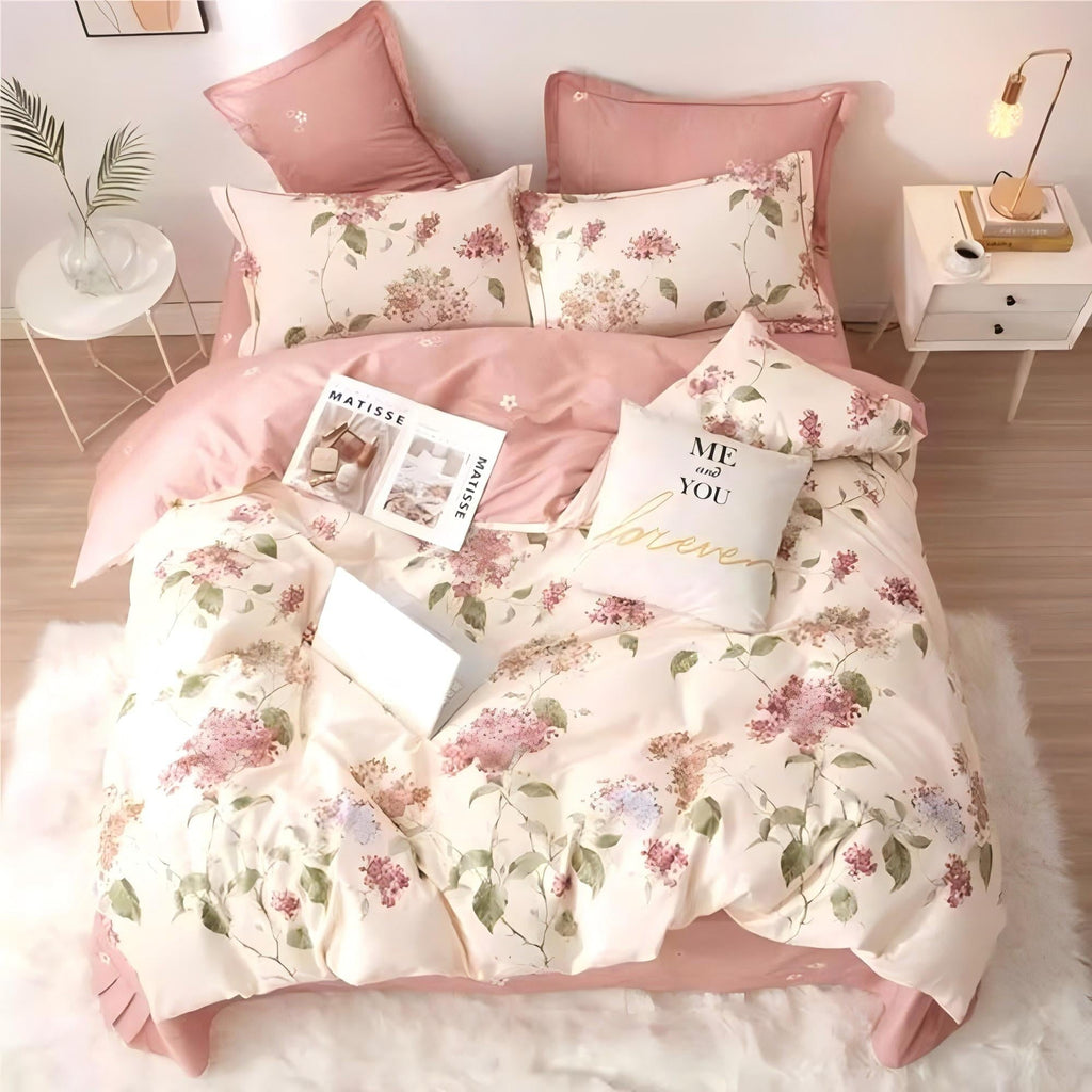 Heavyweight Warmth White with Pink Flowers King Comforter Sets, 3 Pieces Chic Garden Style Reversible Bedding Sets for Adults All Season - Cloud-Like Soft Lightweight Bed Comforter Detail