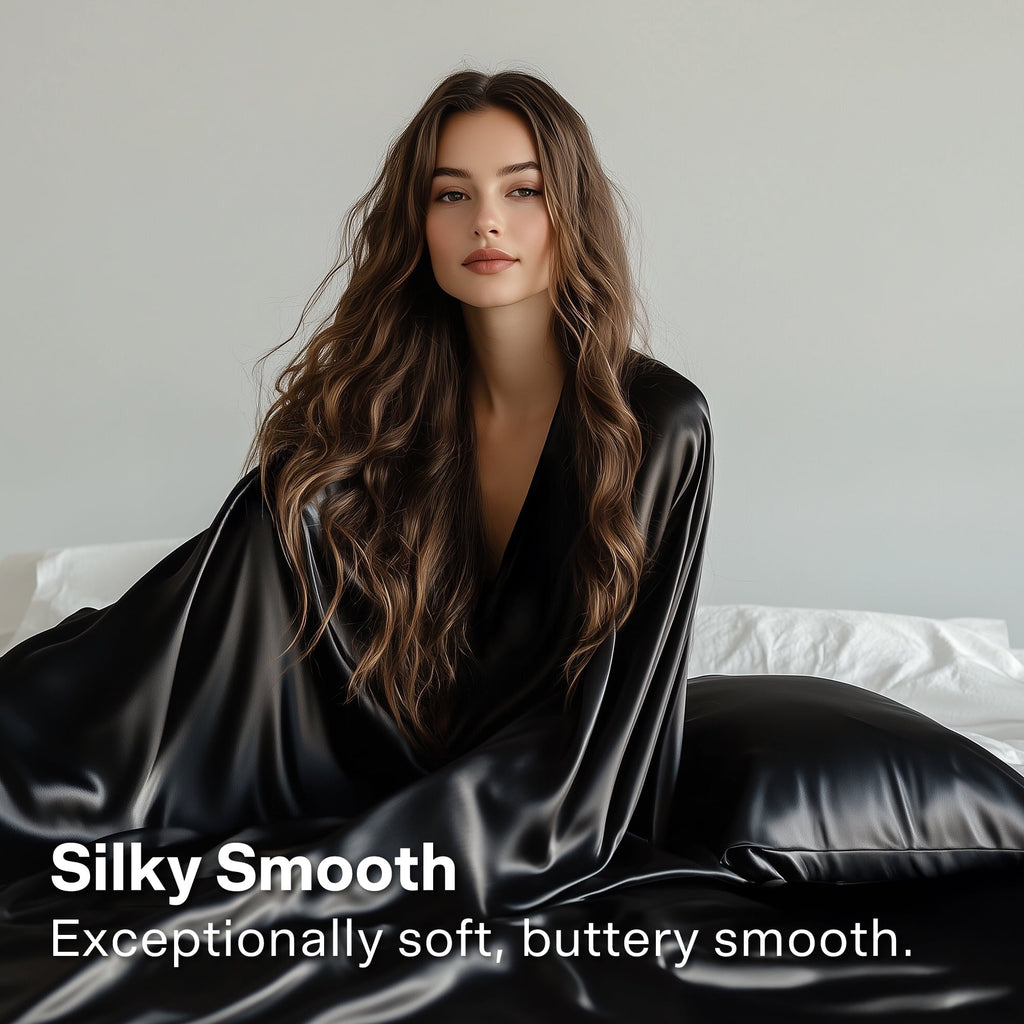 Cooling Sateen Queen Silk Black Bed Sheet Set,4 Pieces 1800 Microfiber 2 Pillowcase 20"x30" - Luxury Bed Sheet Set with Deep Pockets Detail