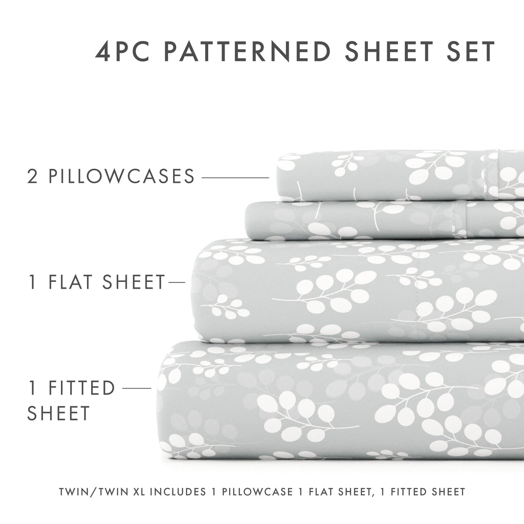 Wrinkle-Resistant 4 Piece Pattern Microfiber Bed Sheets Set, Gray Wheat, Full - Luxury Bed Sheet Set with Deep Pockets Detail