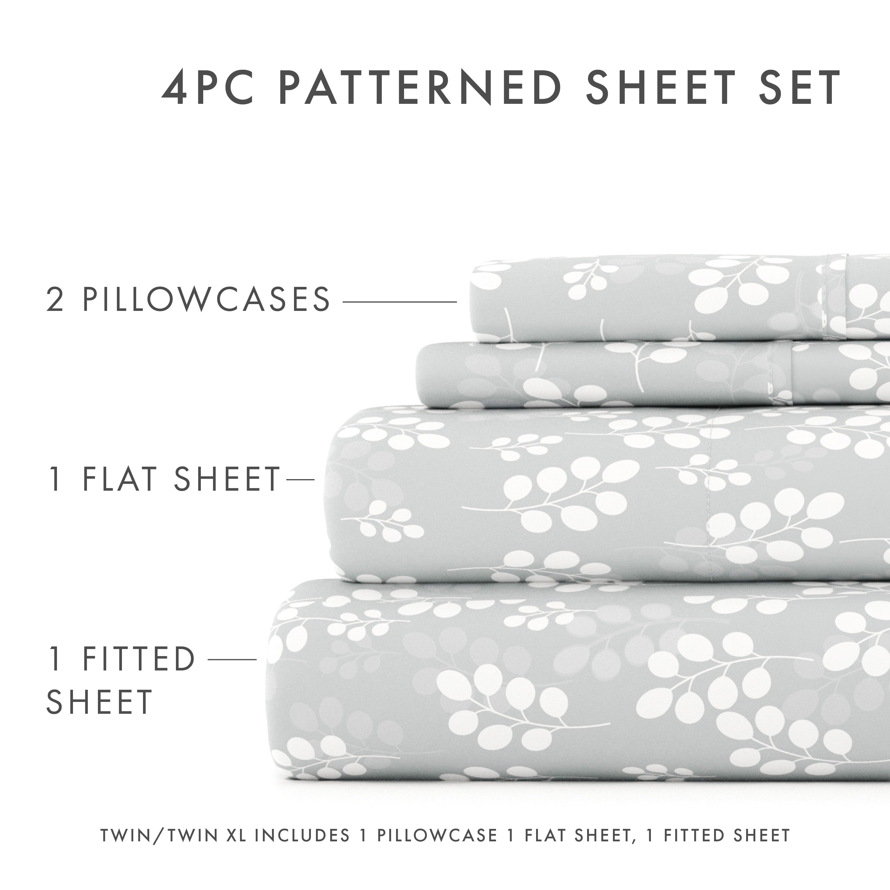 Wrinkle-Resistant 4 Piece Pattern Microfiber Bed Sheets Set, Gray Wheat, Full - Luxury Bed Sheet Set with Deep Pockets Detail