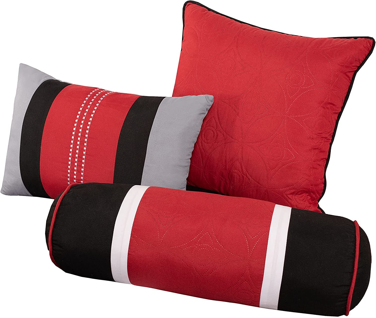 All-Season 7-Piece Medallion Patchwork Comforter Set, Full, Red/Gray/Black - Luxurious Quilted Duvet Cover Set Detail