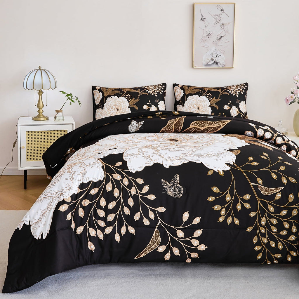 Heavyweight Warmth Black Floral Comforter Set Queen, Printed Comforter White Flowers Butterfly Bedding Set, 3 Pieces Botanical Reversibl... - Hypoallergenic Ultra-Fluffy Quilt for Winter Detail