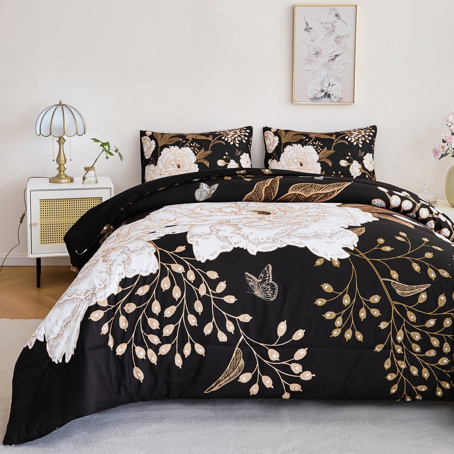 Heavyweight Warmth Black Floral Comforter Set Queen, Printed Comforter White Flowers Butterfly Bedding Set, 3 Pieces Botanical Reversibl... - Hypoallergenic Ultra-Fluffy Quilt for Winter Detail