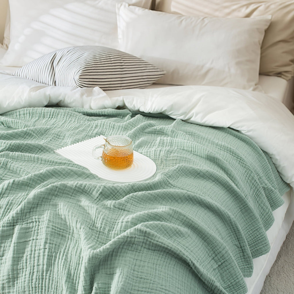 Lightweight Warm 100% Cotton Muslin Throw Blanket Gauze Blankets for Adults Soft Throws for Bed and Couch, 50" x 70" Sage Green - Luxury Knitted Decorative Throw Blanket with Fringes Detail