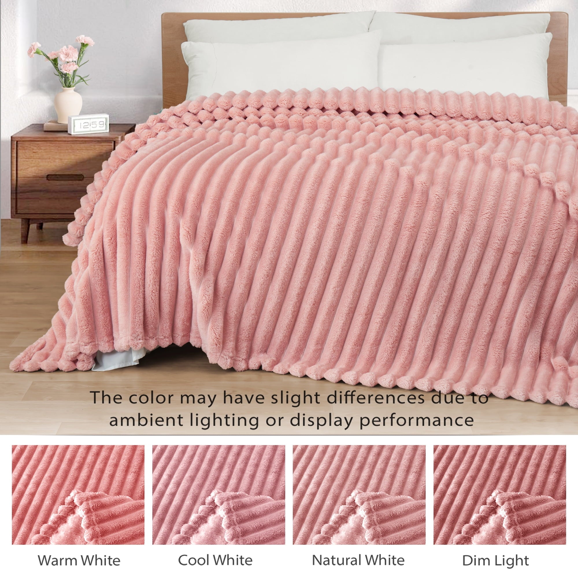 Decorative Knitted Fleece Throw Blanket for Couch, Super Soft 3D Striped Jacquard Blanket, Lightweight Fuzzy Cozy Blankets, Pink, 50"x60" - Luxury Knitted Decorative Throw Blanket with Fringes Detail