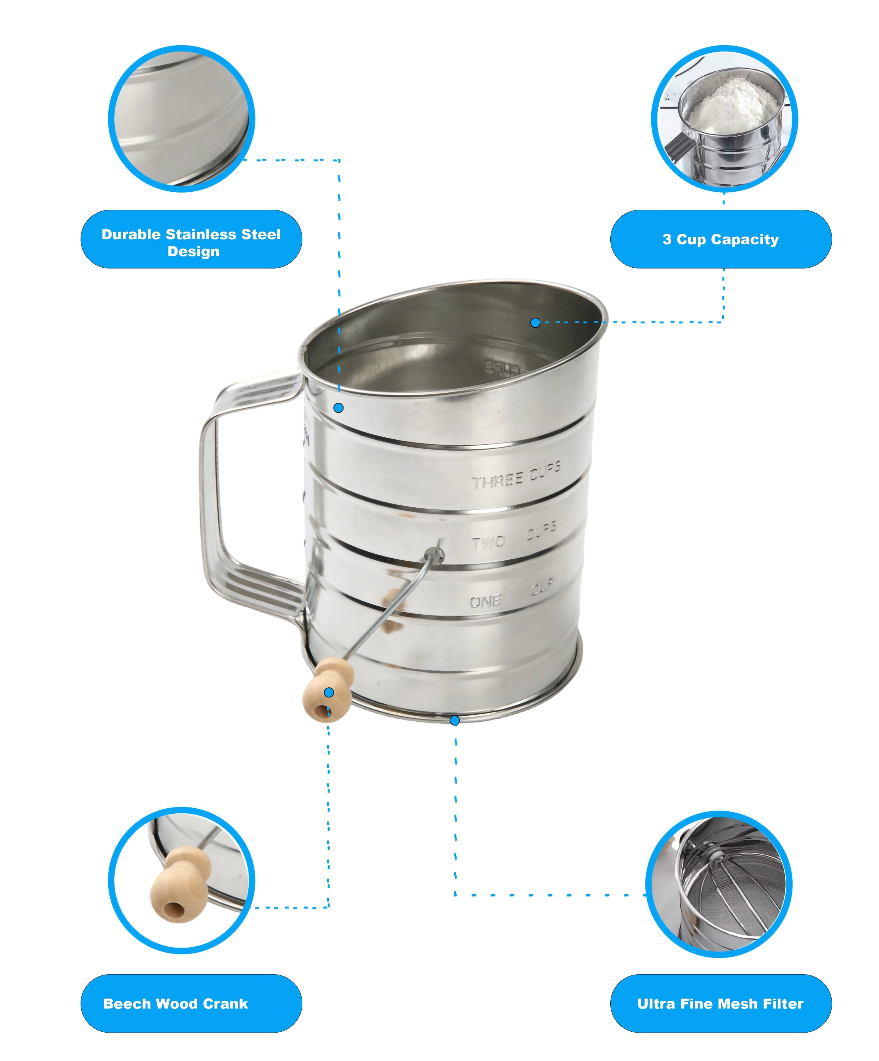 Ergonomic Manual Stainless Steel 3 Cup Flour Hand-Crank Sifter with Beechwood Handle Silver - Multi-Functional Manual Food Chopper & Slicer Detail