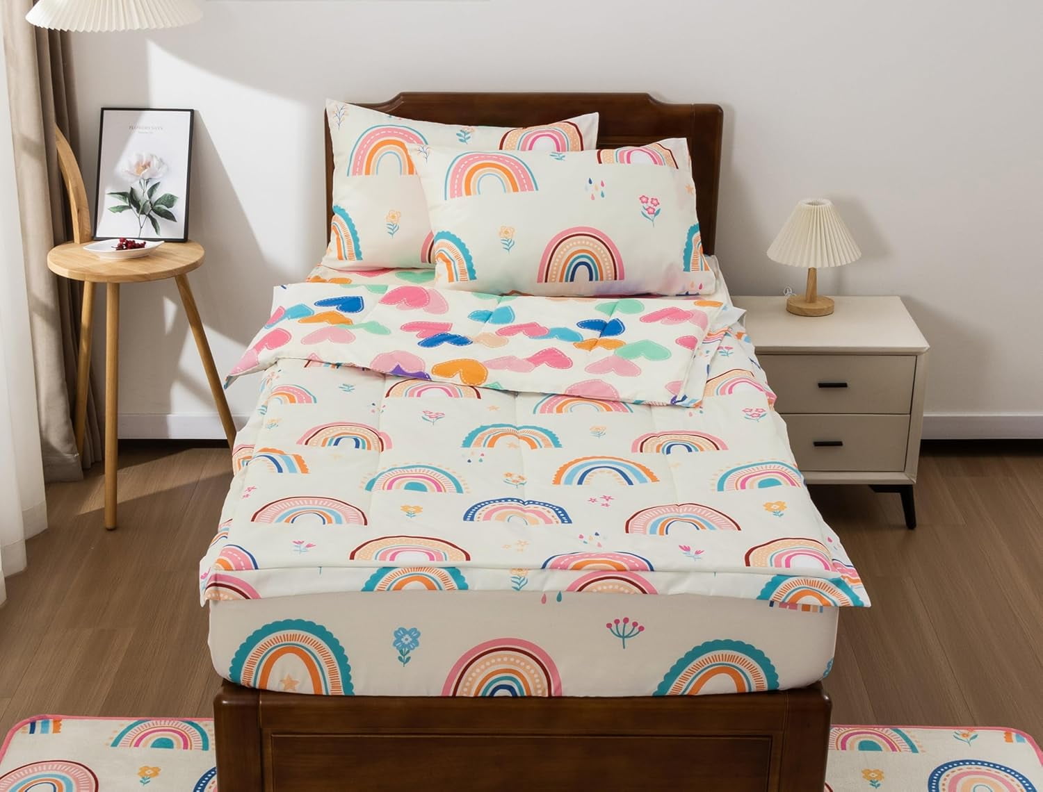 All-Season 3-Piece Kids Comforter Set Twin Zipper Bedding for Girls, Rainbow Comforter with Flower Pattern (Beige) - Luxurious Quilted Duvet Cover Set Detail