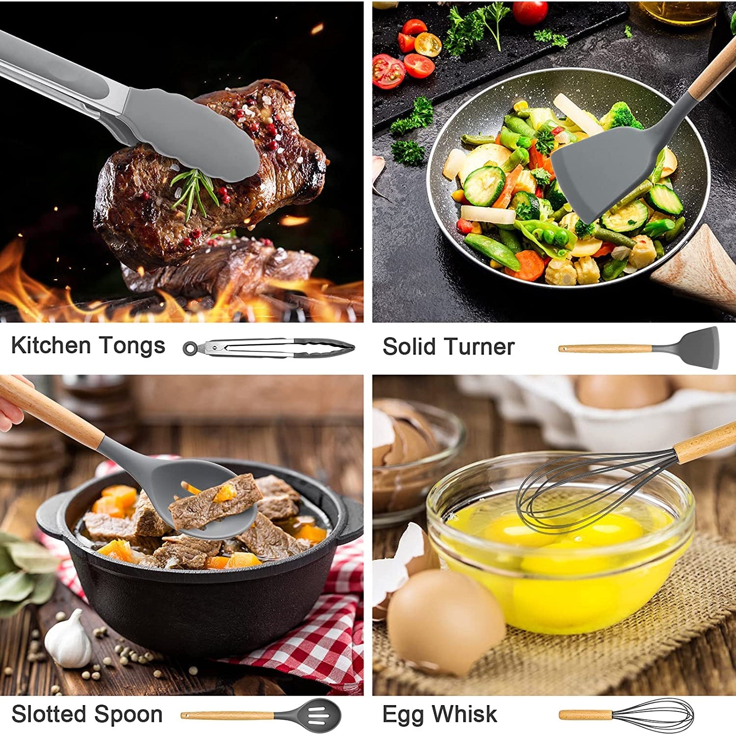 Heat-Resistant Silicone Cooking Utensils Set, 446°F Heat Resistant Wooden Handle Cooking Kitchen Utensils Spatula Set with Holder fo... - Heat-Resistant Silicone Cooking Spatula Turner Detail