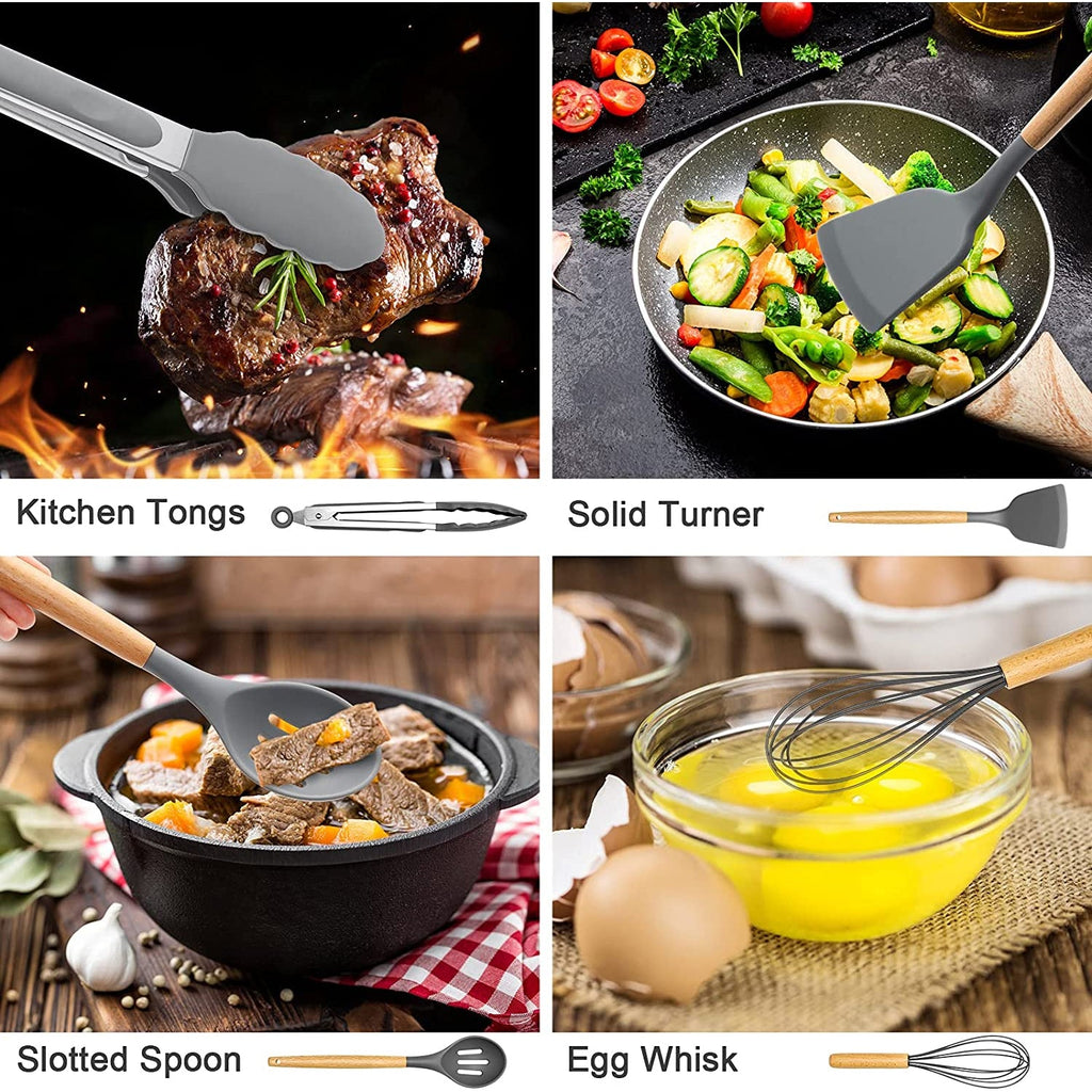 High-Precision Silicone Cooking Utensils Set, 446°F Heat Resistant Wooden Handle Cooking Kitchen Utensils Spatula Set with Holder fo... - Professional Kitchen Tool for Culinary Enthusiasts Detail