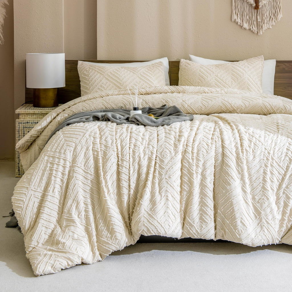 Luxurious Quilted King Size Comforter Sets Beige - 3 Pieces Cream Boho Bedding Comforter Set for King Bed - Soft Fluffy Tufted Textured... - Hypoallergenic Ultra-Fluffy Quilt for Winter Detail