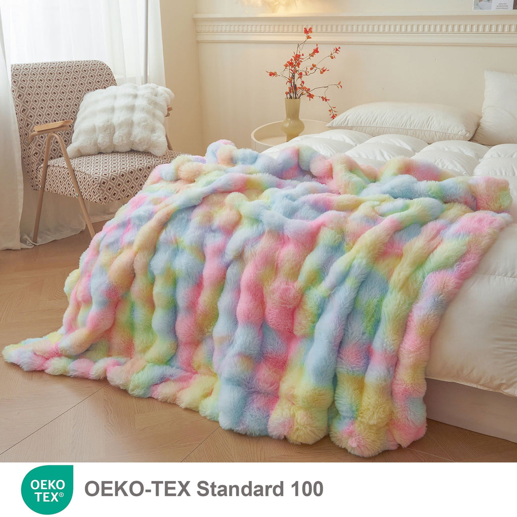 Reversible Sherpa Fluffy Faux Rabbit Fur Bubble Throw, Rainbow Plush Shaggy Blanket for Couch Sofa Chair, Soft Tie Dye Furry Blanket Ad... - Super Soft Reversible Sherpa Flannel Blanket Detail