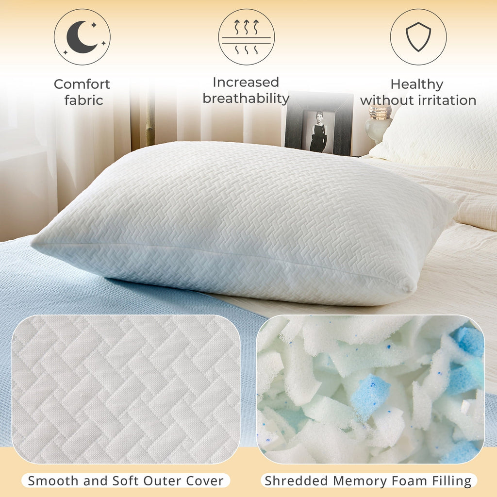 Decorative Plump 2 Pack Bed Pillow, Shredded Gel Memory Foam Pillow, Standard Queen, Medium, Made in USA - Hotel Quality Plush Sleeping Pillows Detail