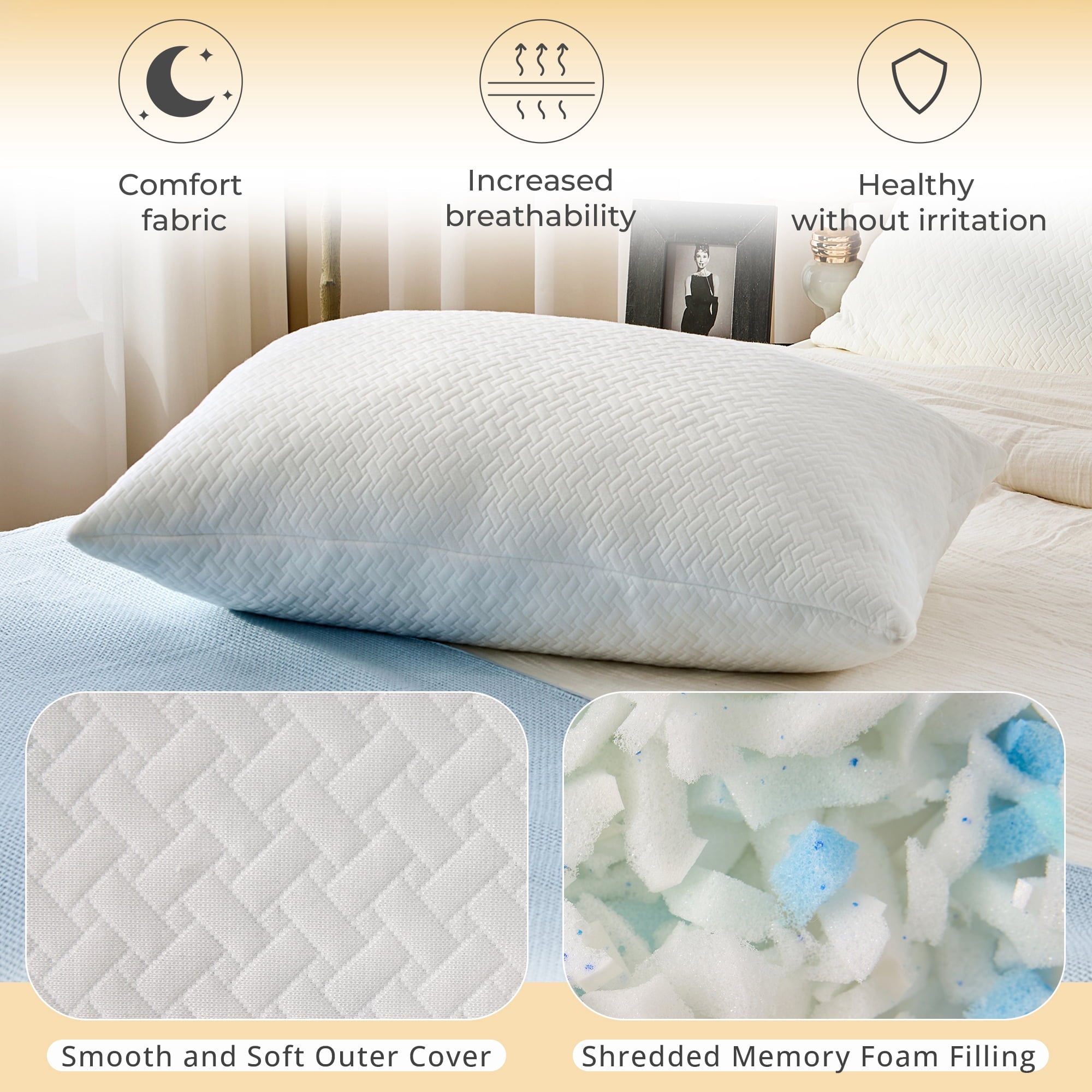 Decorative Plump 2 Pack Bed Pillow, Shredded Gel Memory Foam Pillow, Standard Queen, Medium, Made in USA - Hotel Quality Plush Sleeping Pillows Detail