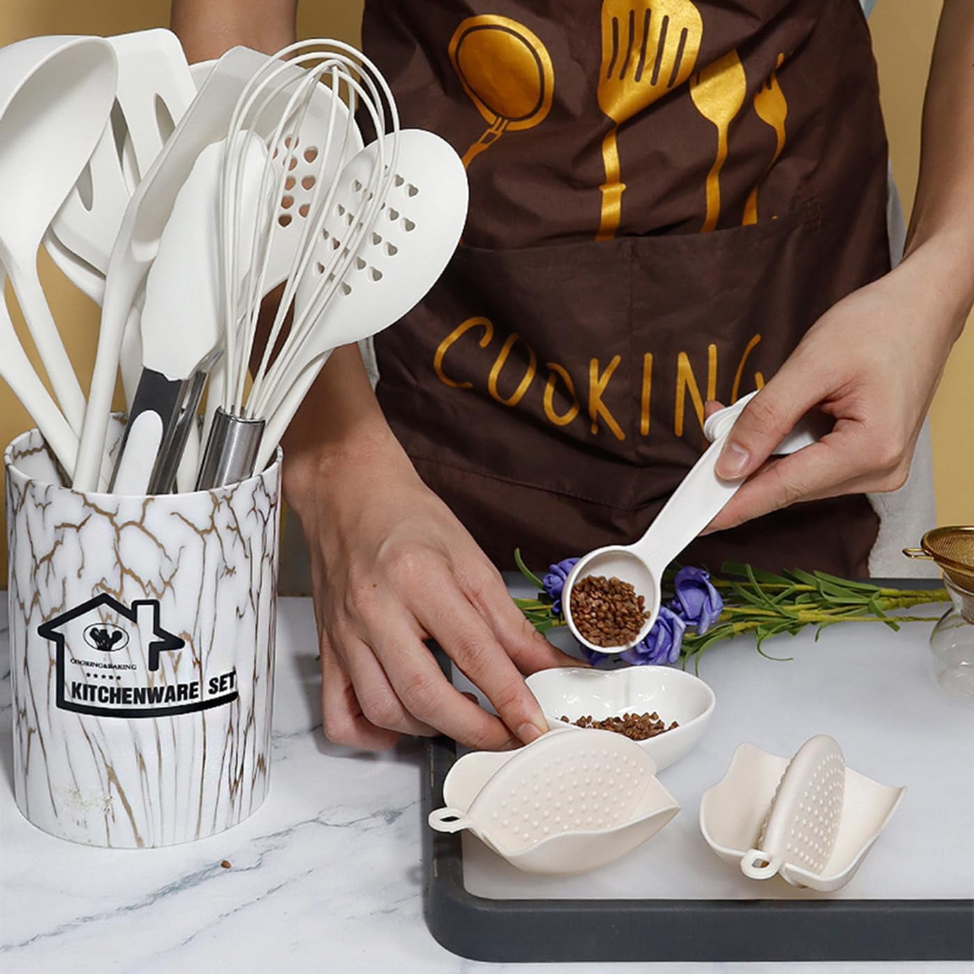 Heat-Resistant Silicone Cooking Utensils Set - 446°F Heat Resistant Kitchen Utensils,Turner Tongs,Spatula,Spoon,Brush,Whisk,Kitchen ... - Ergonomic Kitchen Tongs and Cooking Spoon Utensil Detail