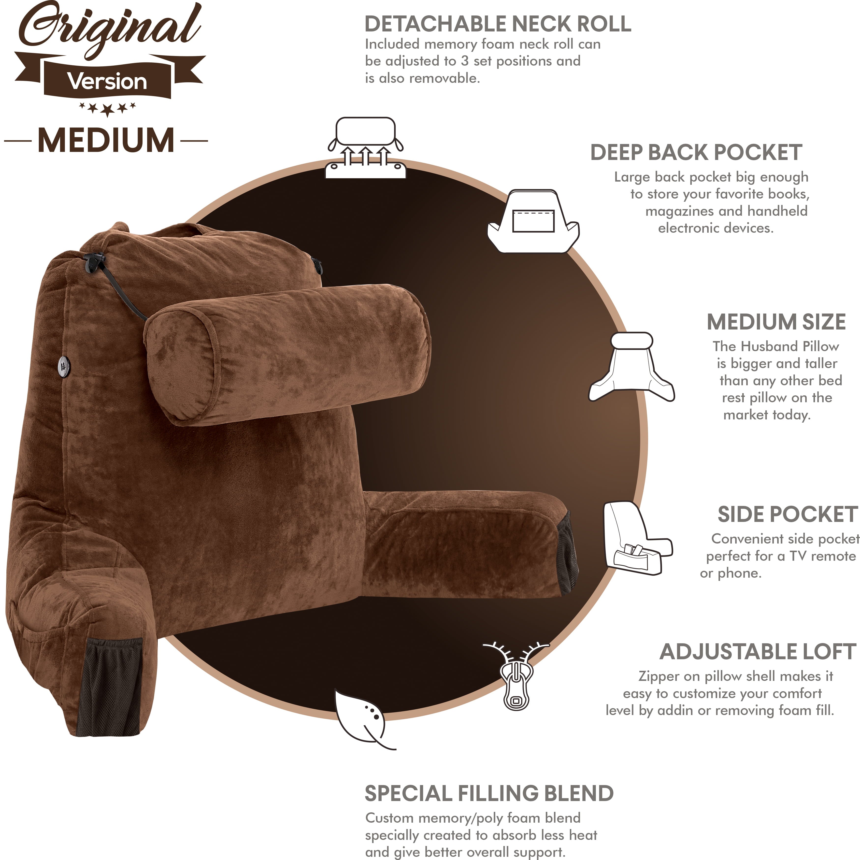 Fluffy Shredded Medium Chocolate Brown, Backrest - Detach Neck Roll, Removable Cover - Orthopedic Shredded Foam Bed Pillow Set Detail