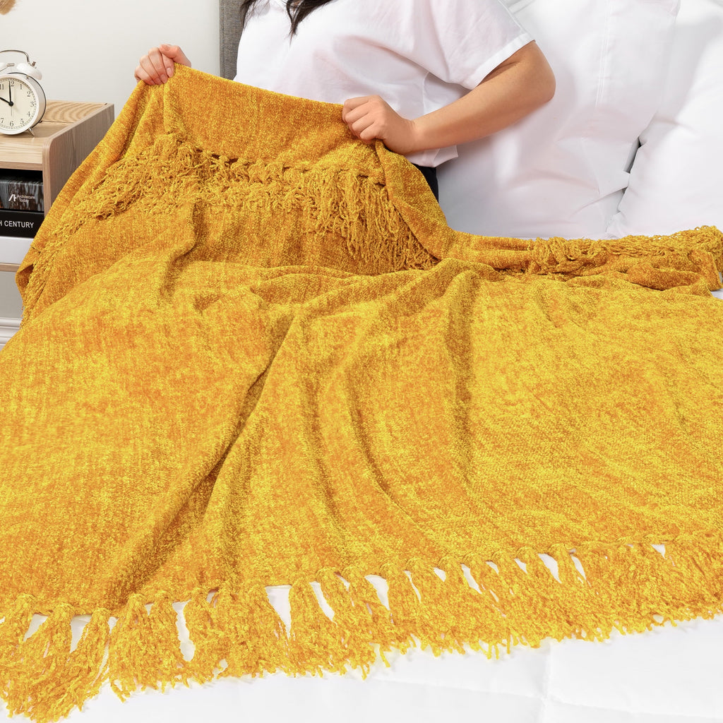 Super Soft Flannel Mustard Yellow Chenille Throw Blanket for Couch, Soft Gold Knit Blanket with Tassel Fringe, Woven Chenille Knitted De... - Lightweight Plush Warm Blanket for All Seasons Detail
