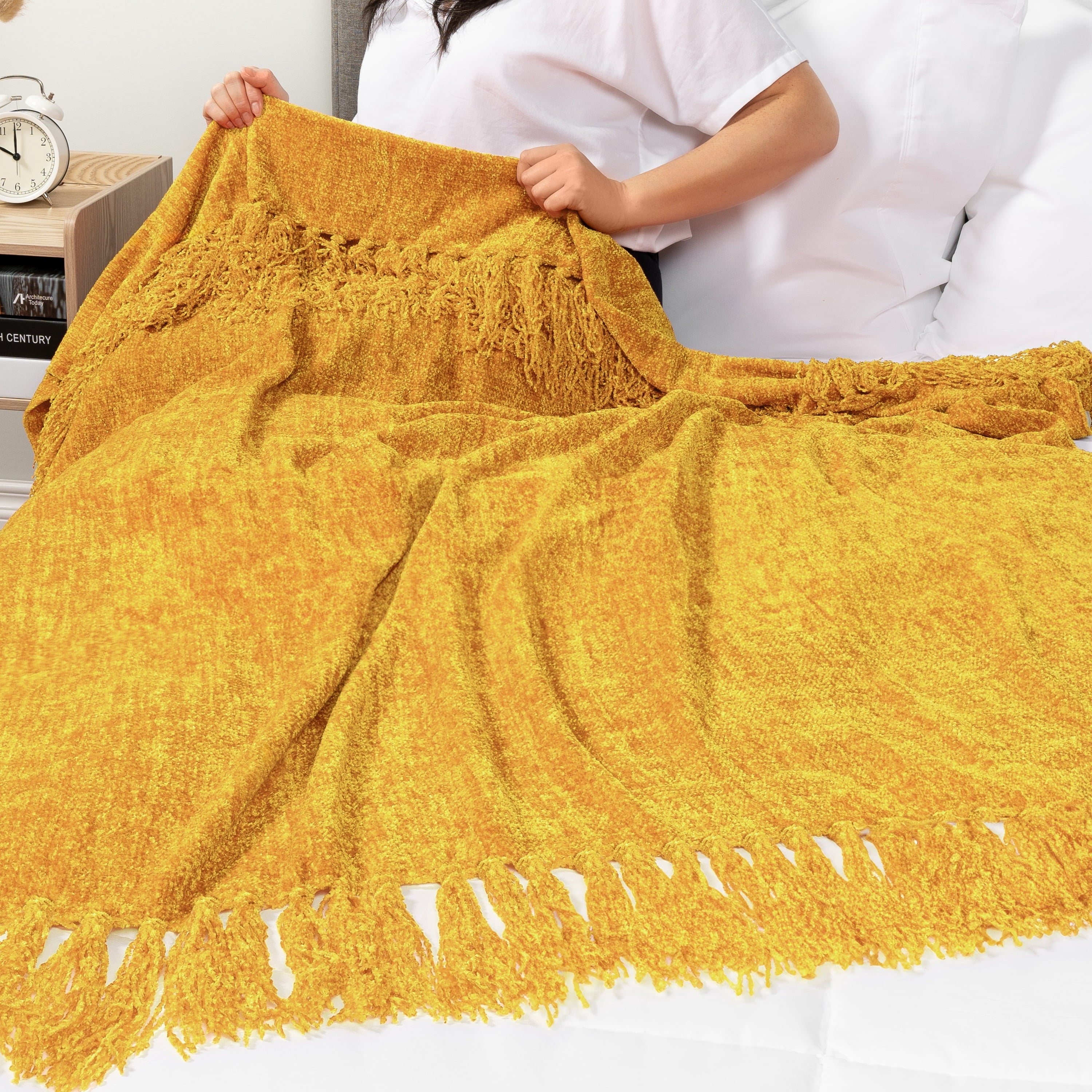 Super Soft Flannel Mustard Yellow Chenille Throw Blanket for Couch, Soft Gold Knit Blanket with Tassel Fringe, Woven Chenille Knitted De... - Lightweight Plush Warm Blanket for All Seasons Detail