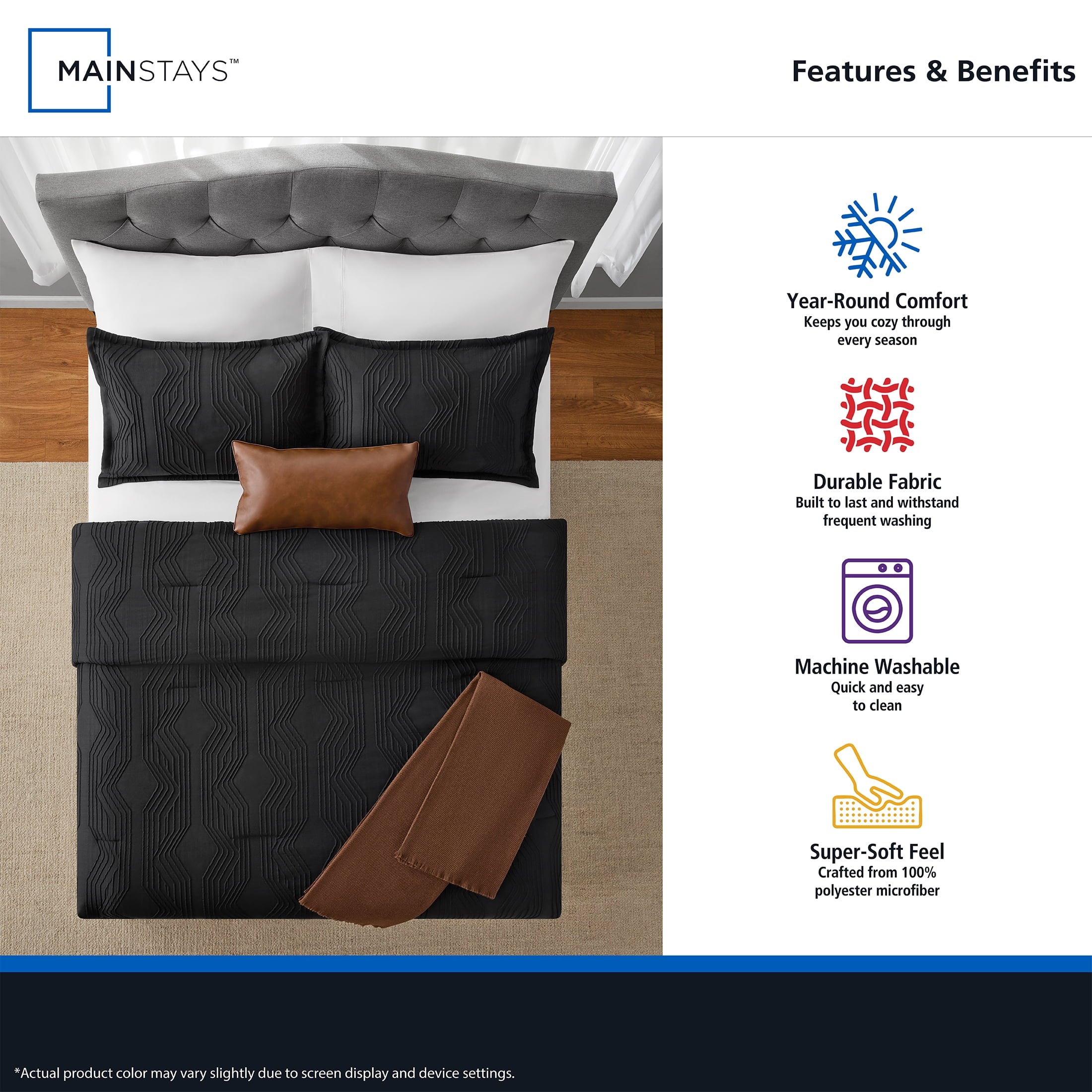 Hypoallergenic Cloud Full/Queen Comforter Set, All-Season, 5-Piece, Black Jacquard Geo - Cloud-Like Soft Lightweight Bed Comforter Detail