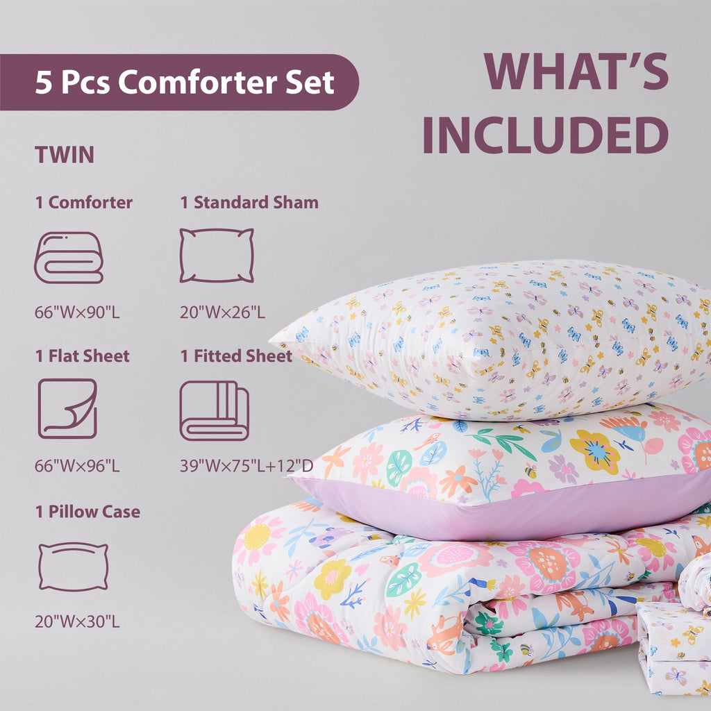 Luxurious Quilted Floral Comforter Set, Soft Microfiber Flower Bedding Set, 5 Pieces with Comforter, Sheets and Pillowcases, Twin - Hypoallergenic Ultra-Fluffy Quilt for Winter Detail