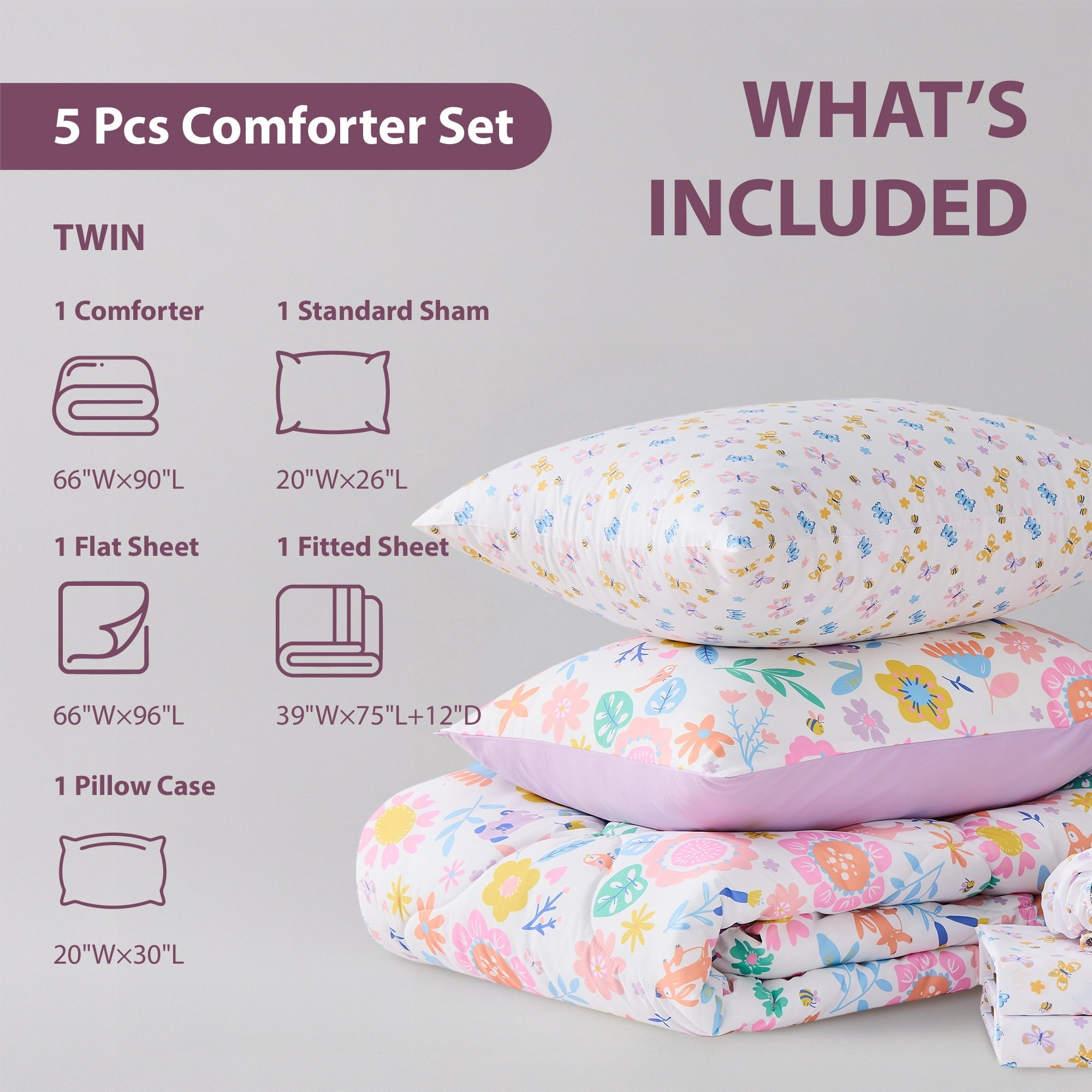 Luxurious Quilted Floral Comforter Set, Soft Microfiber Flower Bedding Set, 5 Pieces with Comforter, Sheets and Pillowcases, Twin - Hypoallergenic Ultra-Fluffy Quilt for Winter Detail