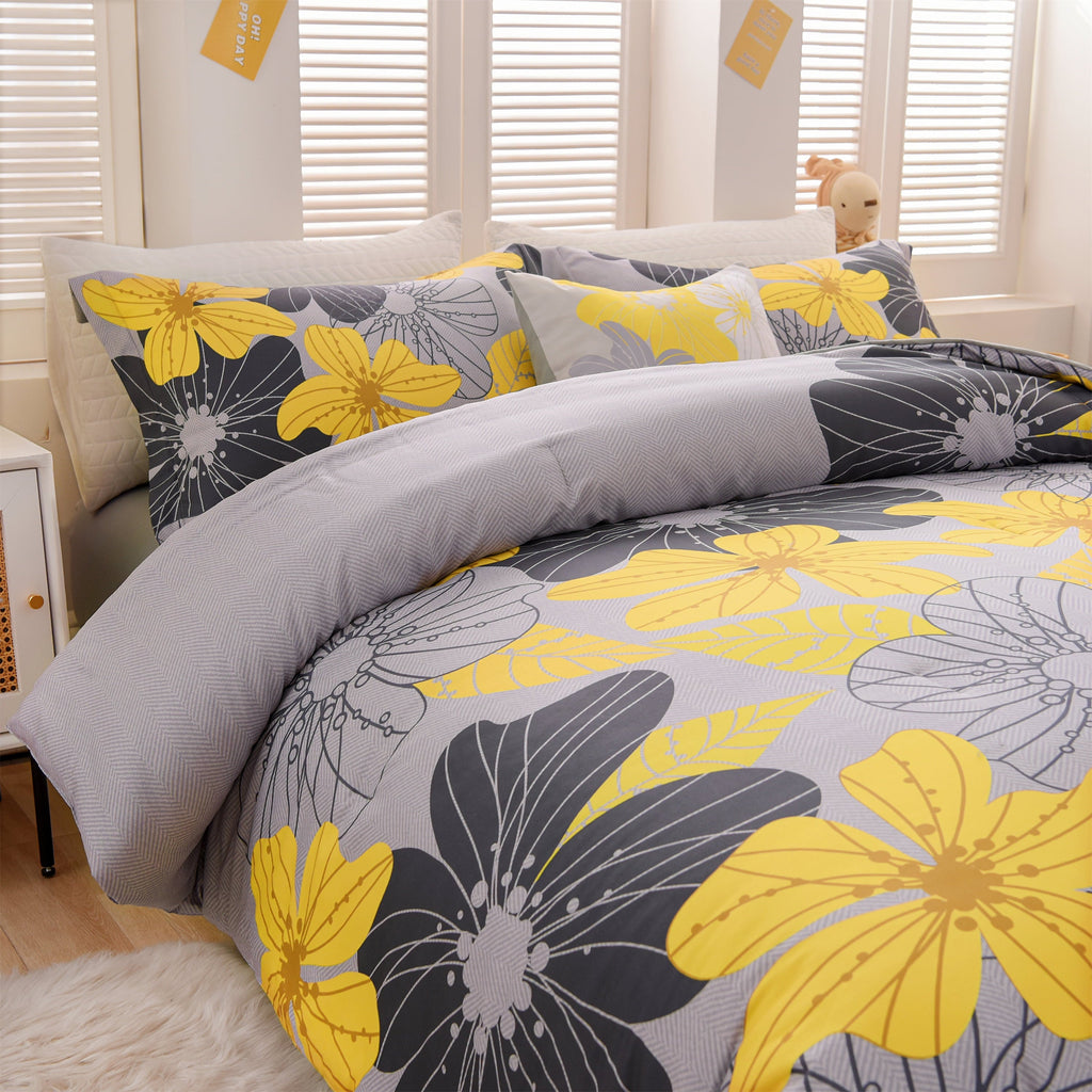 All-Season Yellow Floral Comforter Set Queen Flower Bed Set Adult Soft Botanical Boho Bedding Set - Hypoallergenic Ultra-Fluffy Quilt for Winter Detail