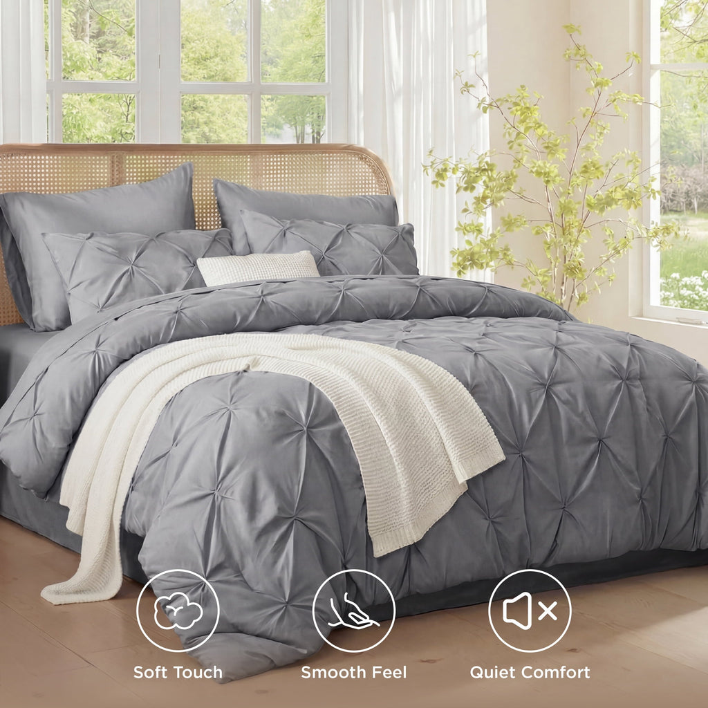 Fluffy Down Alternative Queen Comforter Set Grey, Bed in a Bag Queen Size Bedding, 7 Pieces Pinch Pleat All Season Comforter - Cloud-Like Soft Lightweight Bed Comforter Detail