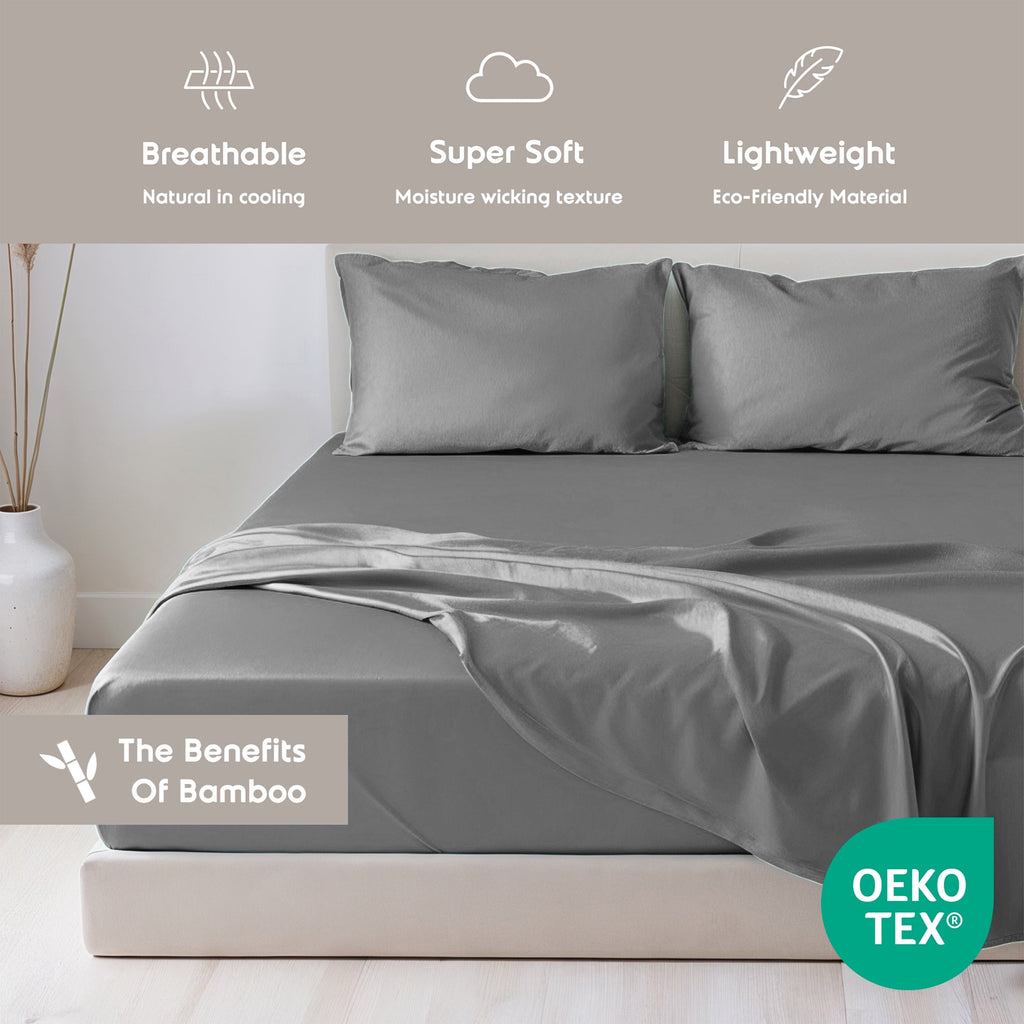 Premium Egyptian Cotton Virtu Bed Sheets Set, Deep Pocket Rayon Derived 4 Piece Queen Sheets sets, Gray - Cooling Hotel Quality Bedding Sheets and Pillowcases Detail