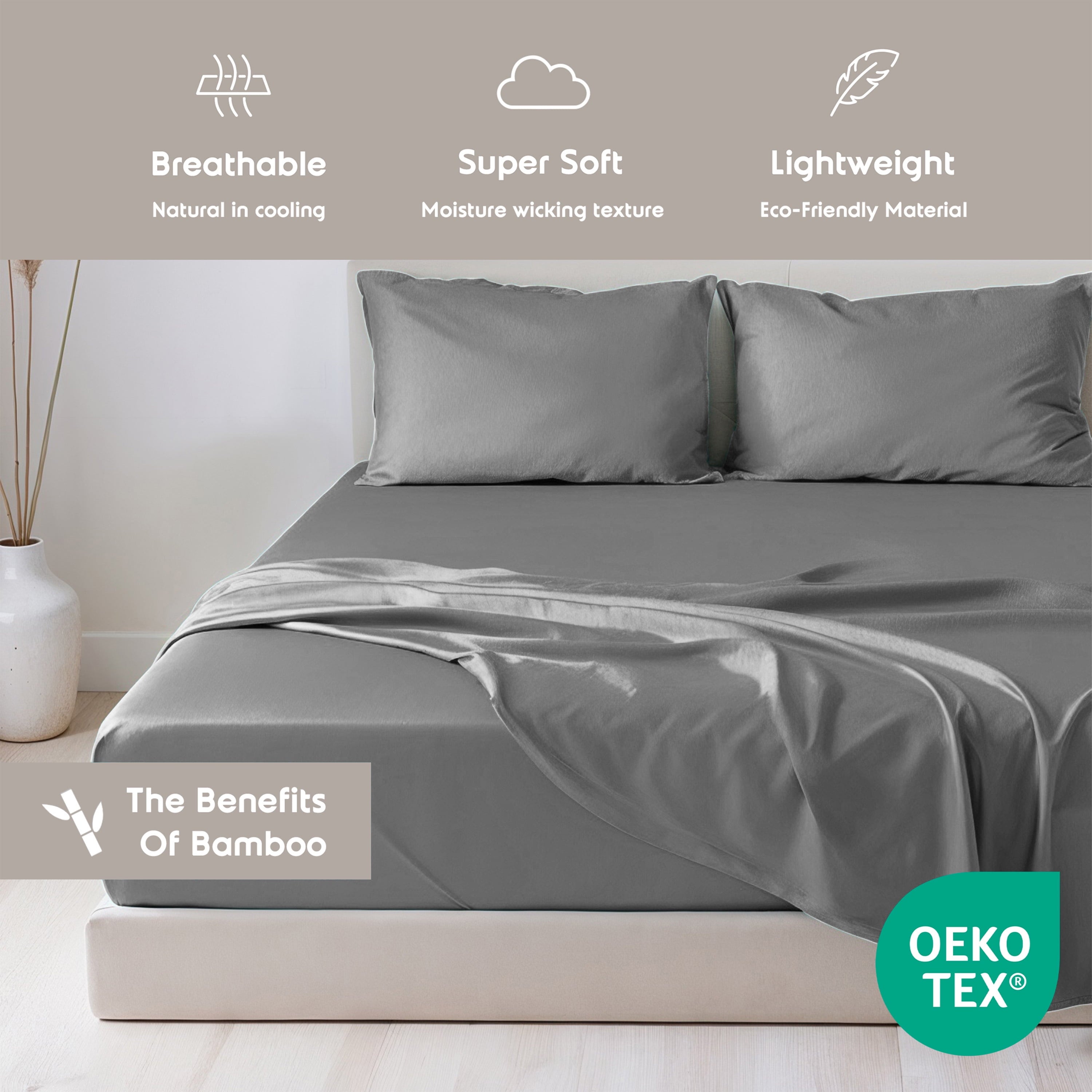 Premium Egyptian Cotton Virtu Bed Sheets Set, Deep Pocket Rayon Derived 4 Piece Queen Sheets sets, Gray - Cooling Hotel Quality Bedding Sheets and Pillowcases Detail