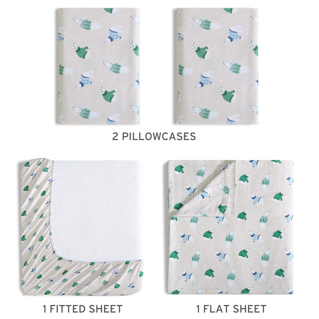 Premium Egyptian Cotton Winter Nights Cotton Flannel Sheet Set, King, Holiday Bears - Premium Ultra-Soft Pillowcase Pair for Sleeping Detail