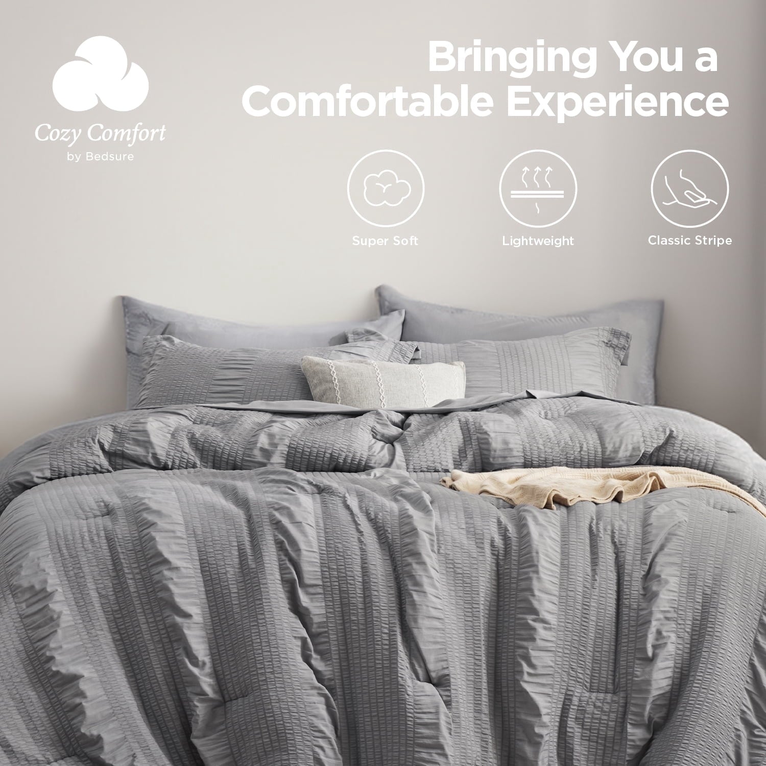 Luxurious Quilted Twin Comforter Sets 5 Pieces Stripes Seersucker Bedding Set, Bed in a Bag with Soft Comforter & Sheets, Pillowcase & ... - Luxurious Quilted Duvet Cover Set Detail