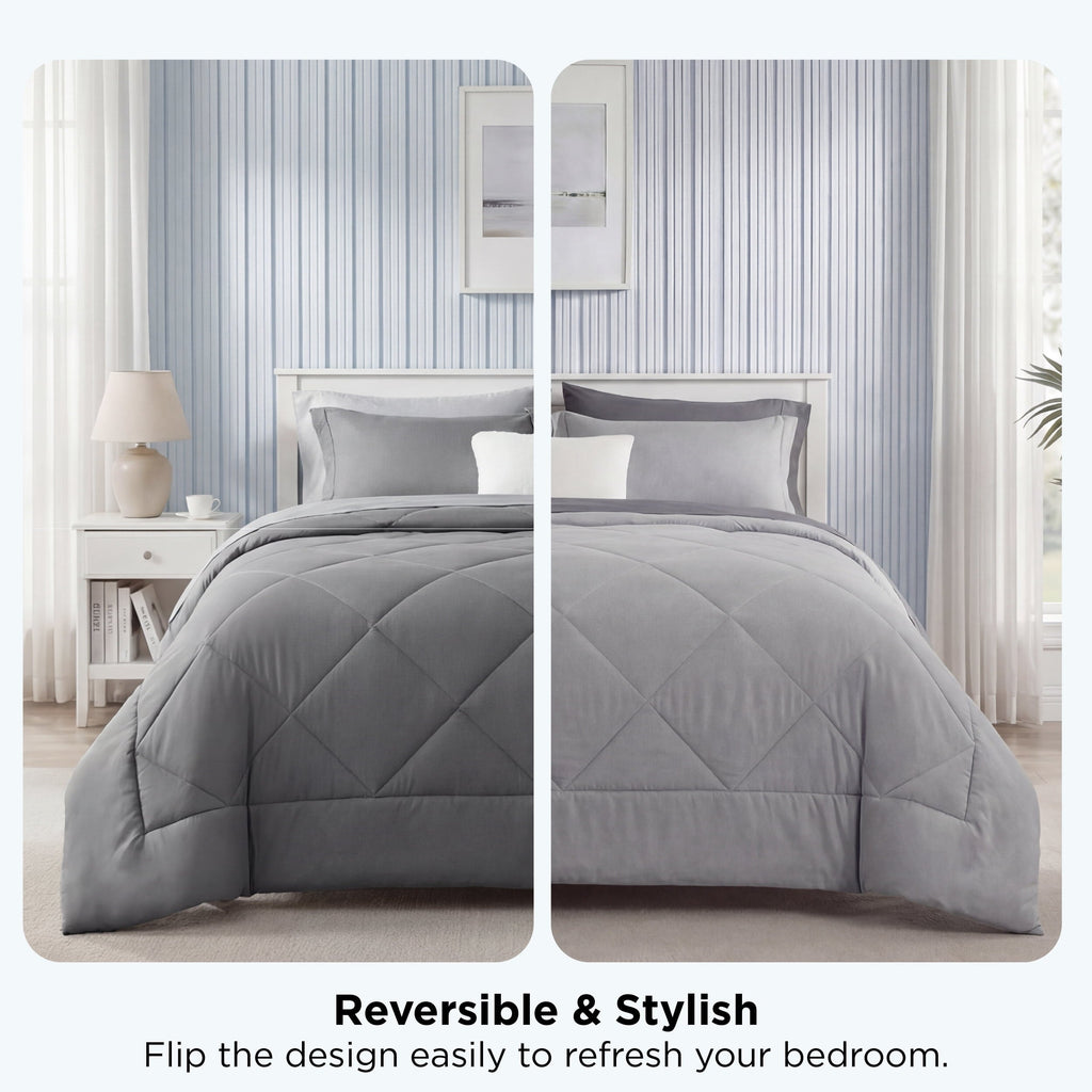 Hypoallergenic Cloud Queen Reversible Comforter Set - 7 Pieces Grey Bedding, Bed in a Bag with Alternative Comforter, Sheets, Pillowcases ... - Cloud-Like Soft Lightweight Bed Comforter Detail